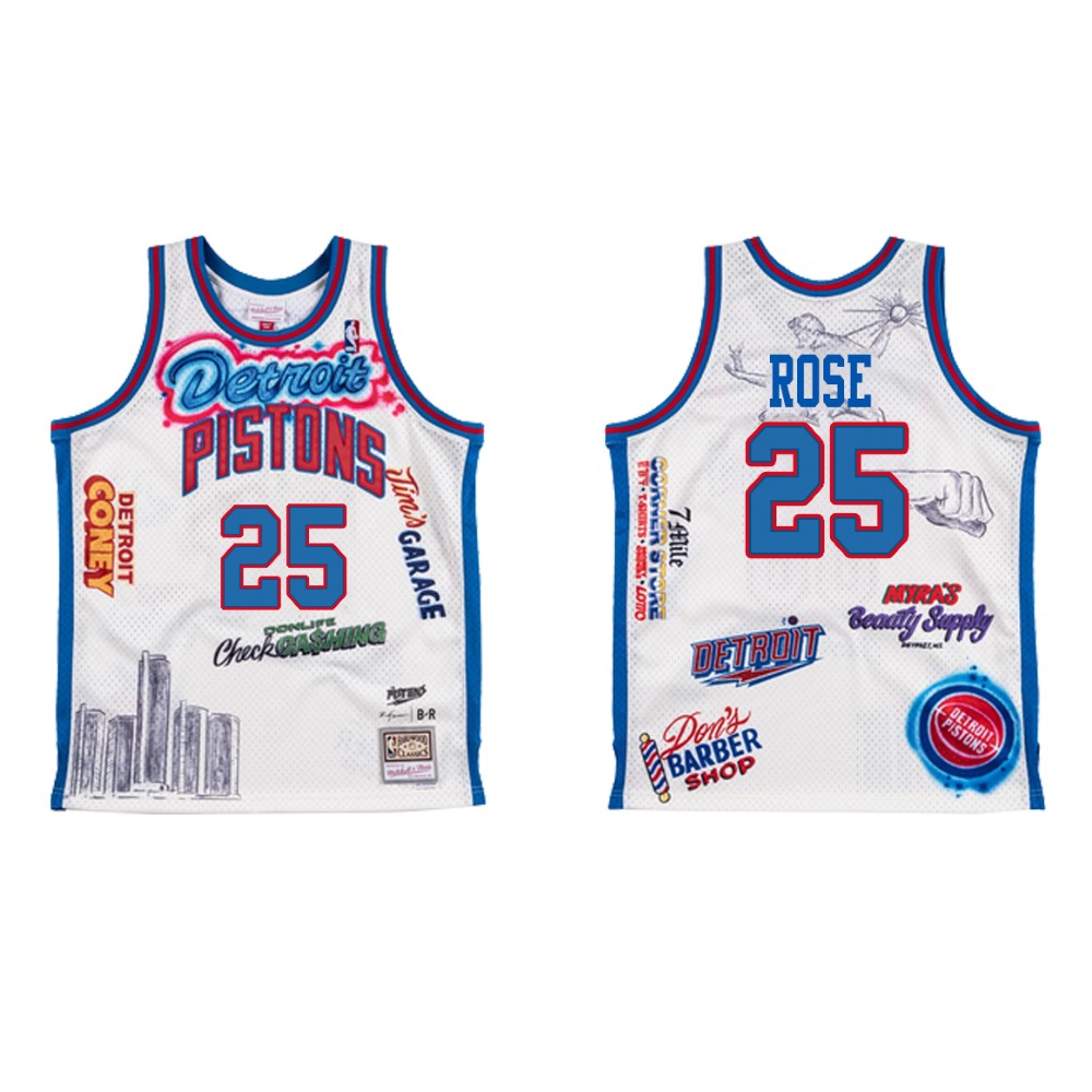 Detroit Pistons BR Remix Derrick Rose #25 White Jersey