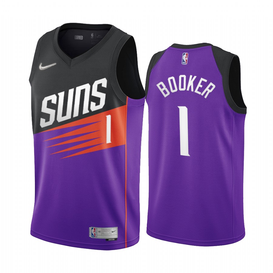 Devin Booker Phoenix Suns Earned Edition Purple #1 Jersey Swingman