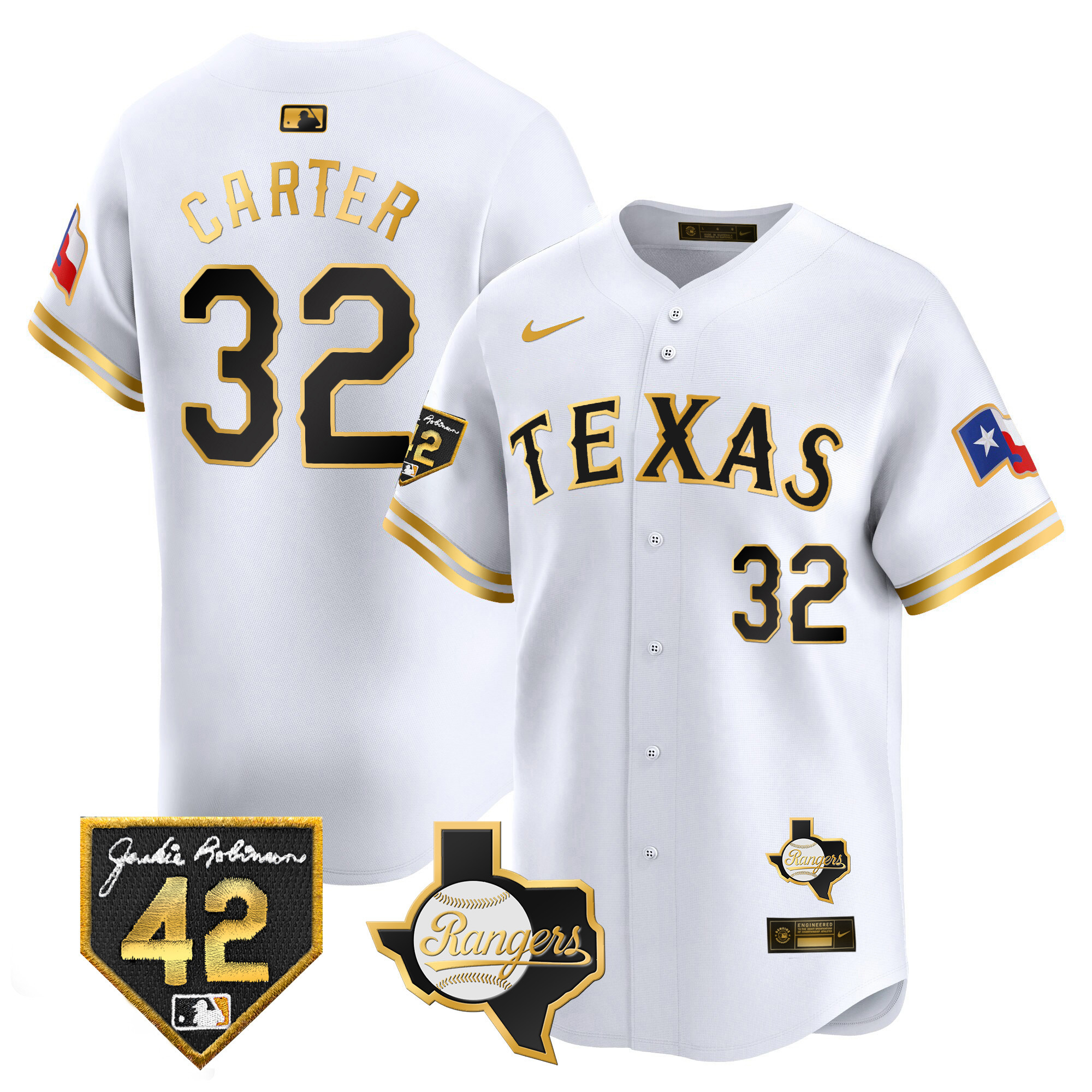 Evan Carter Men's Texas Rangers Jackie Robinson Patch Vapor Premier Limited White Gold Jersey