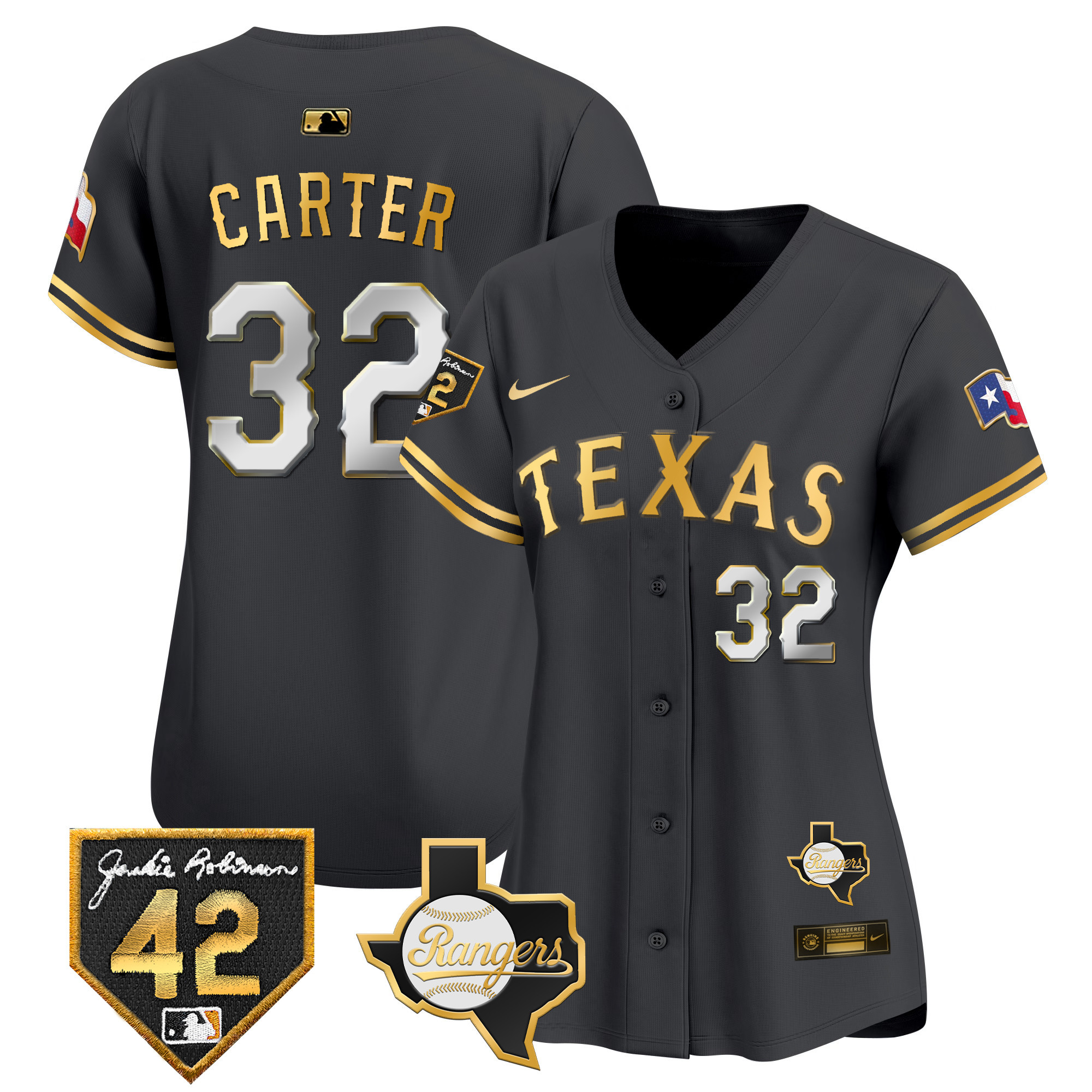 Evan Carter Women's Texas Rangers Jackie Robinson Patch Vapor Premier Limited Black Gold Jersey
