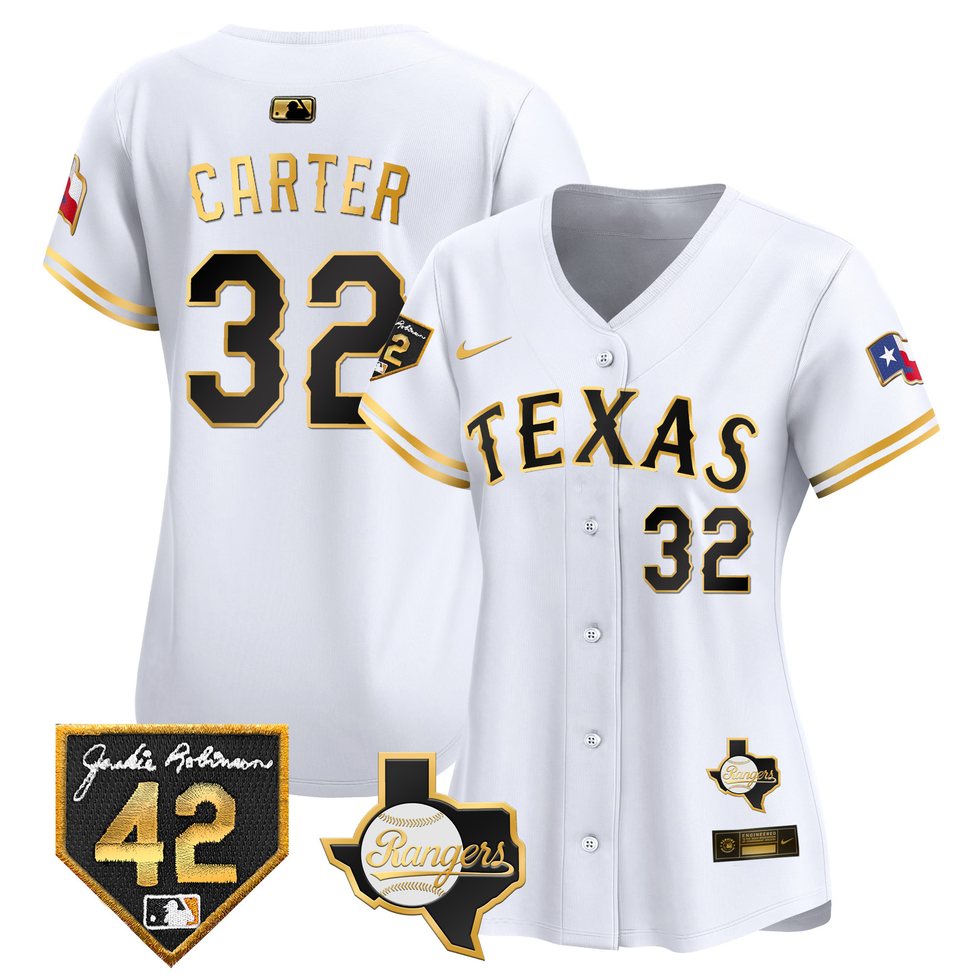 Evan Carter Women's Texas Rangers Jackie Robinson Patch Vapor Premier Limited White Gold Jersey