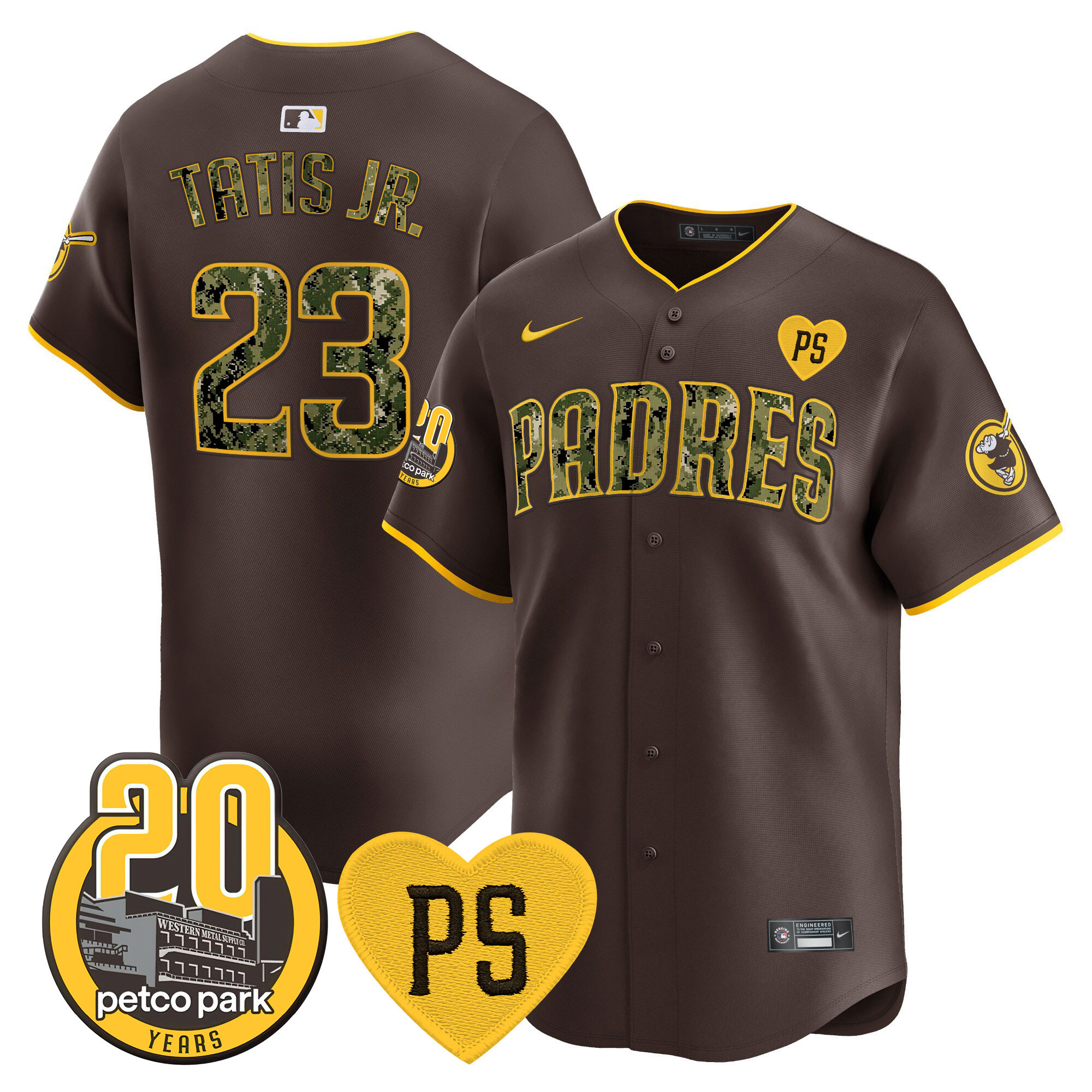 Fernando Tatis Jr. Men's San Diego Padres "For Peter" & Petco Park 20th Patch USMC Vapor Premier Limited V2 Brown Jersey