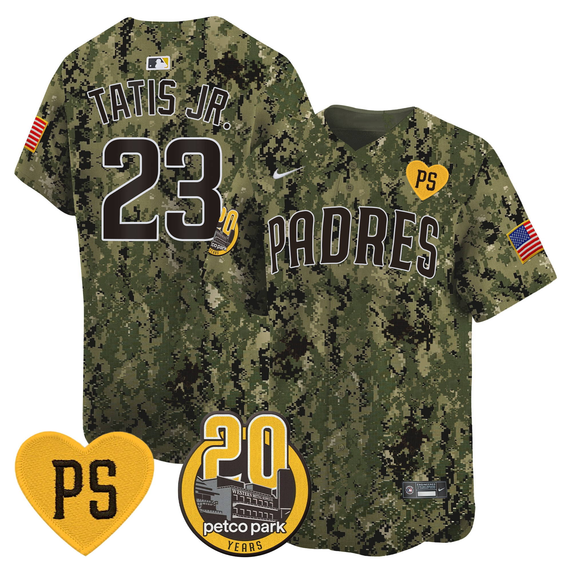 Fernando Tatis Jr. Men's San Diego Padres "For Peter" & Petco Park 20th Patch USMC Vapor Premier Limited Woodland Jersey