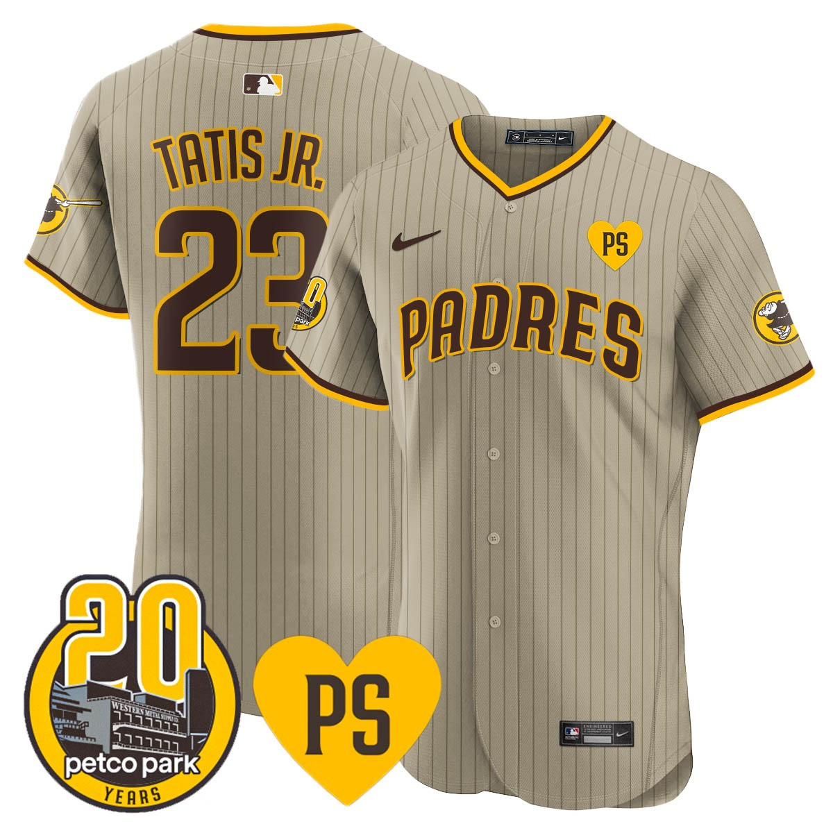 Fernando Tatis Jr. Men's San Diego Padres "For Peter" & Petco Park 20th Patch Vapor Premier Elite Tan Jersey