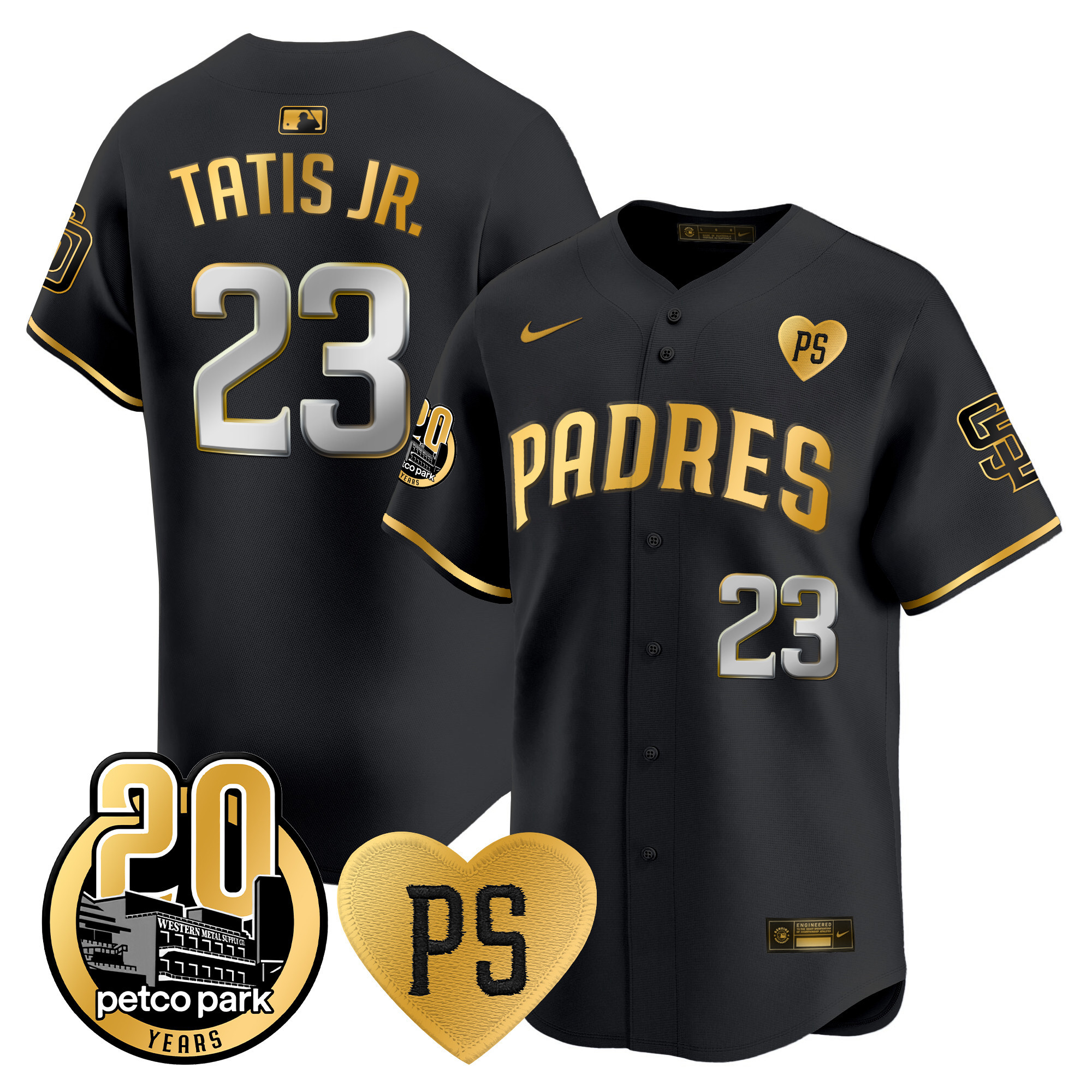 Fernando Tatis Jr. Men's San Diego Padres "For Peter" & Petco Park 20th Patch Vapor Premier Limited Black Gold Jersey