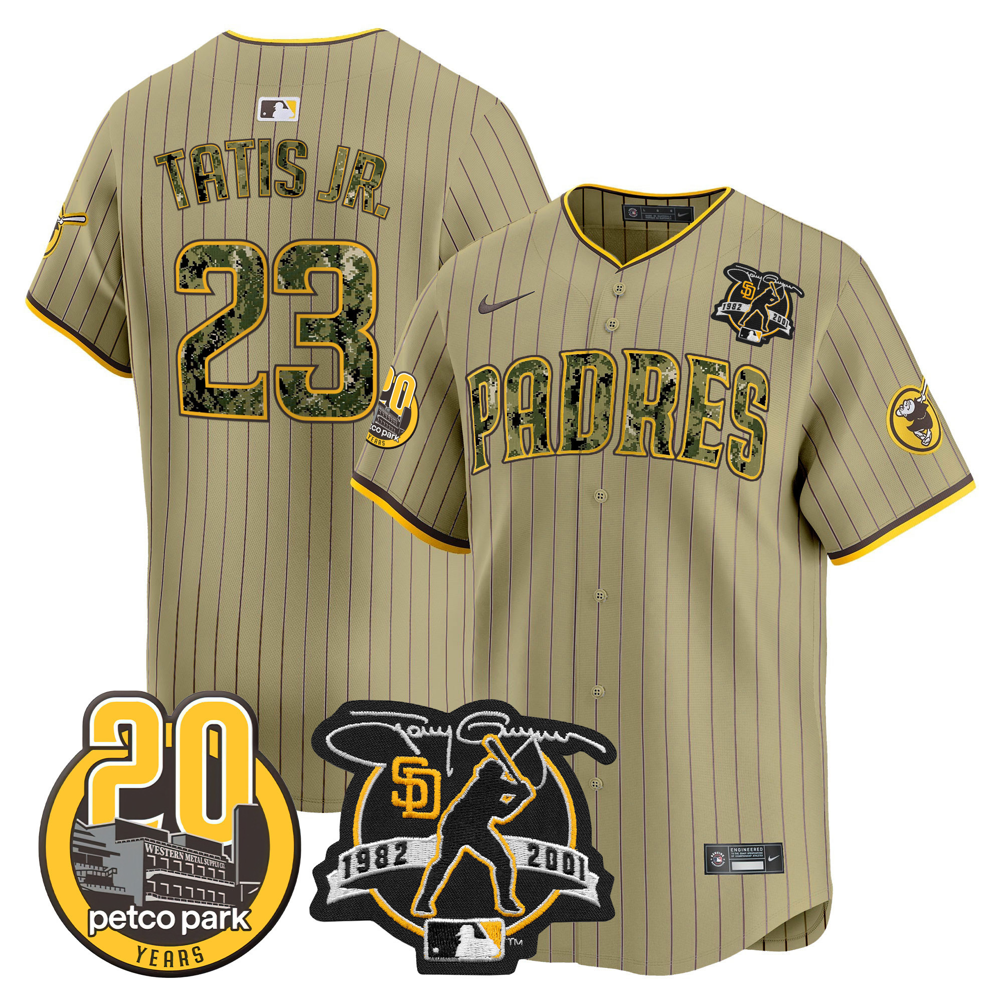 Fernando Tatis Jr. Men's San Diego Padres Tony Gwynn & Petco Park 20th Patch USMC Vapor Premier Limited V2 Tan Jersey