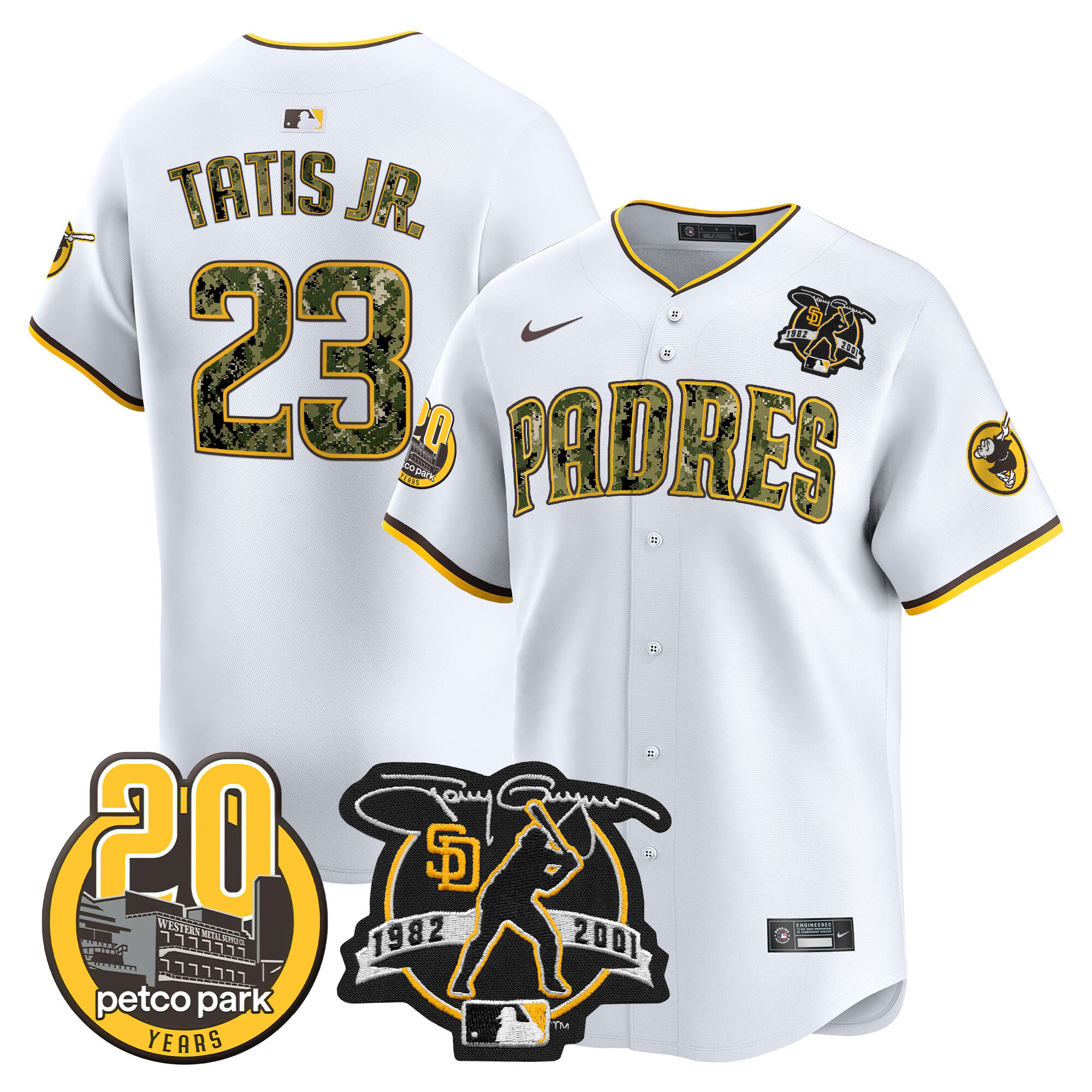 Fernando Tatis Jr. Men's San Diego Padres Tony Gwynn & Petco Park 20th Patch USMC Vapor Premier Limited V2 White Jersey