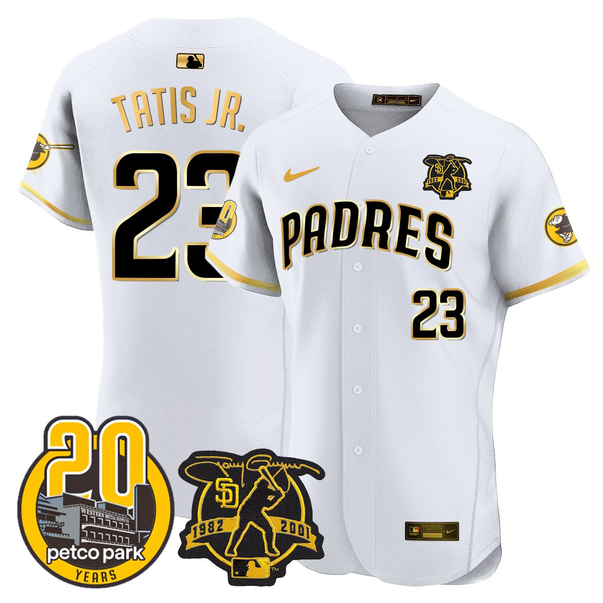 Fernando Tatis Jr. Men's San Diego Padres Tony Gwynn & Petco Park 20th Patch Vapor Premier Elite White Gold Jersey