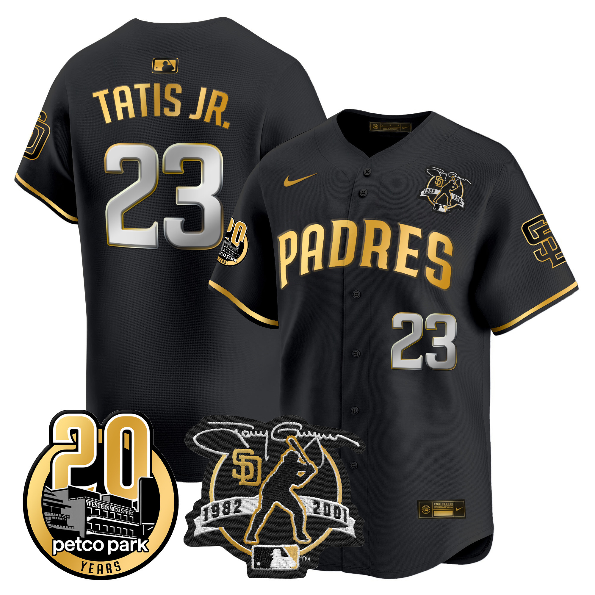 Fernando Tatis Jr. Men's San Diego Padres Tony Gwynn & Petco Park 20th Patch Vapor Premier Limited Black Gold Jersey