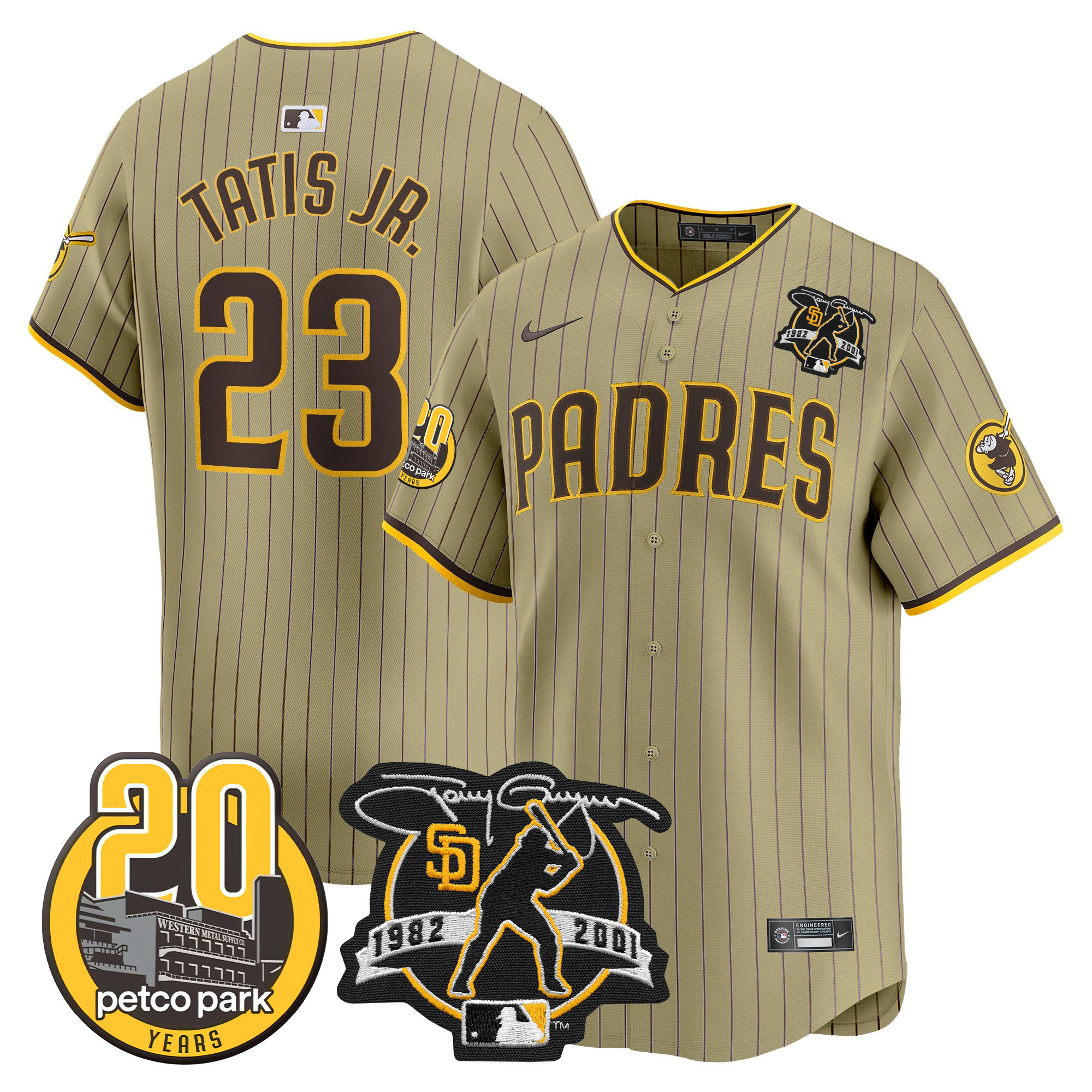 Fernando Tatis Jr. Men's San Diego Padres Tony Gwynn & Petco Park 20th Patch Vapor Premier Limited Tan Jersey