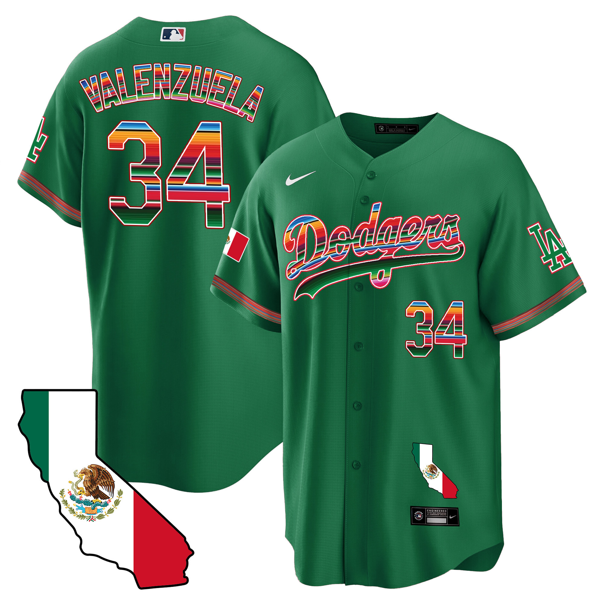 Fernando Valenzuela Men's Los Angeles Dodgers Mexico California Map Cool Base Green Jersey