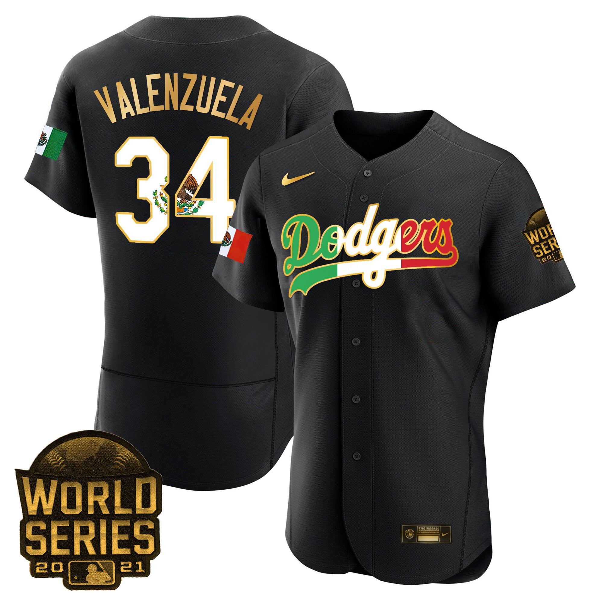 Fernando Valenzuela Men's Los Angeles Dodgers Mexico World Series Patch Flex Base Black Gold Trim Jersey