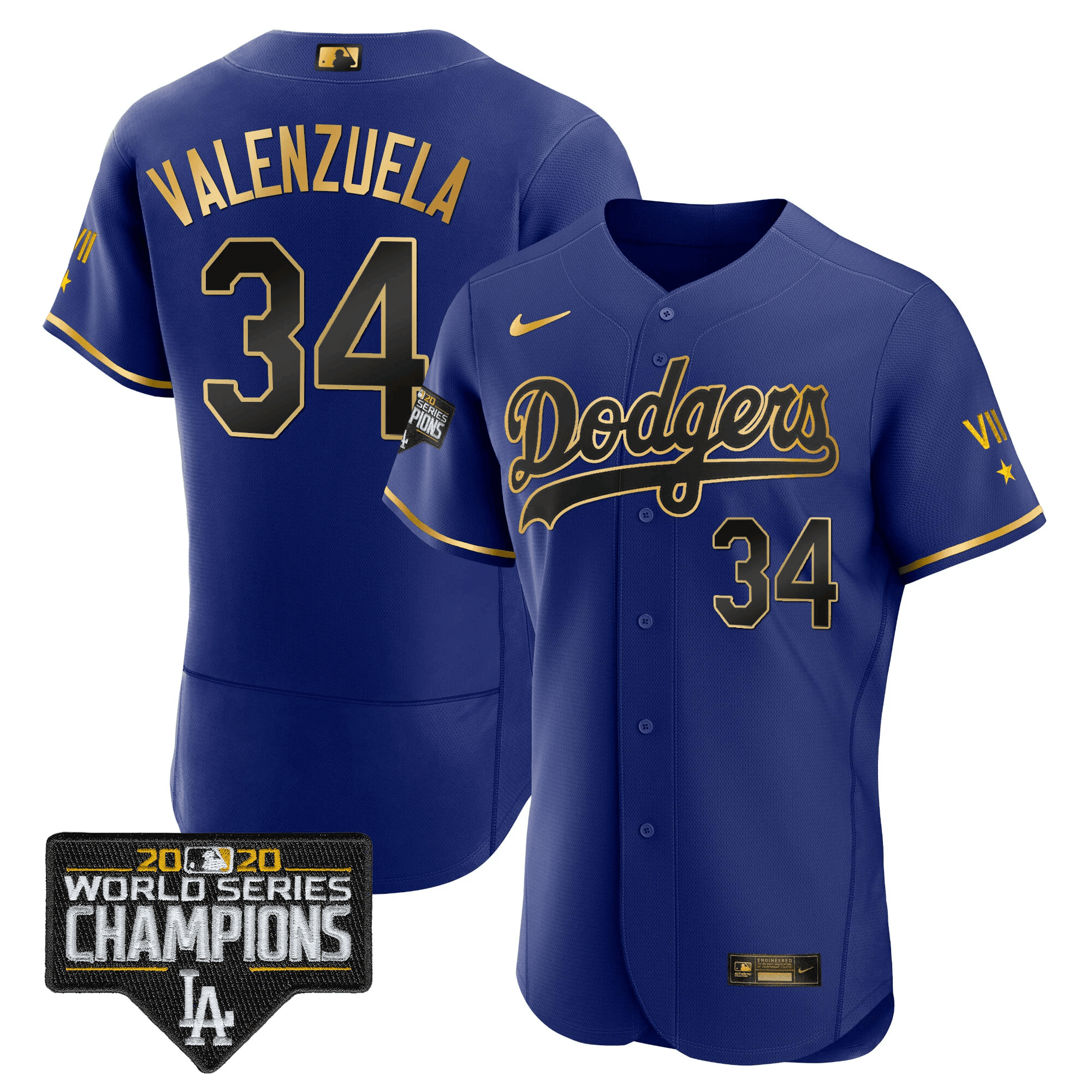 Fernando Valenzuela Men's Los Angeles Dodgers Royal Gold World Series Patch Flex Black Royal Jersey