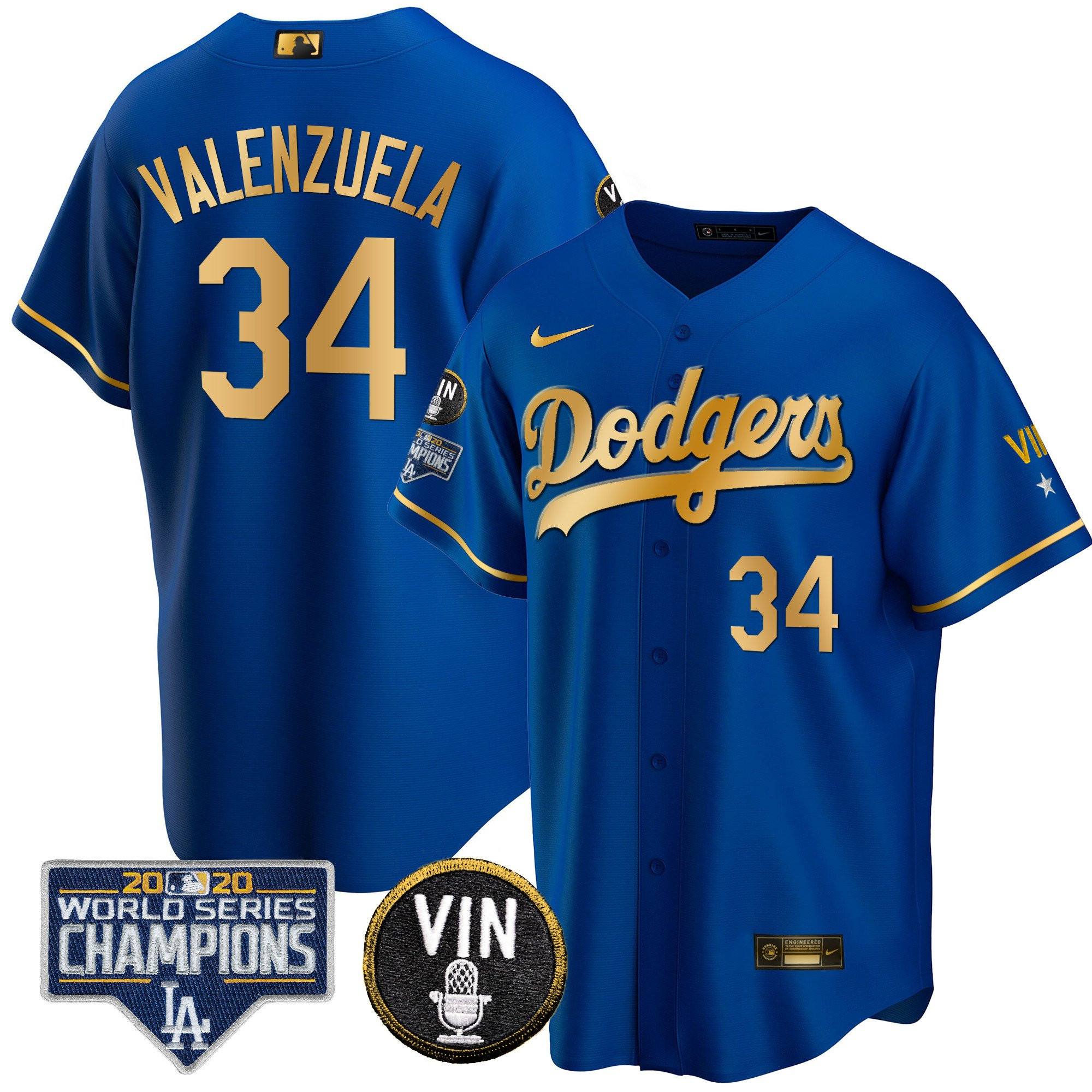 Fernando Valenzuela Men's Los Angeles Dodgers World Series & Vin Sculy Patch Gold Cool Gold Royal Jersey