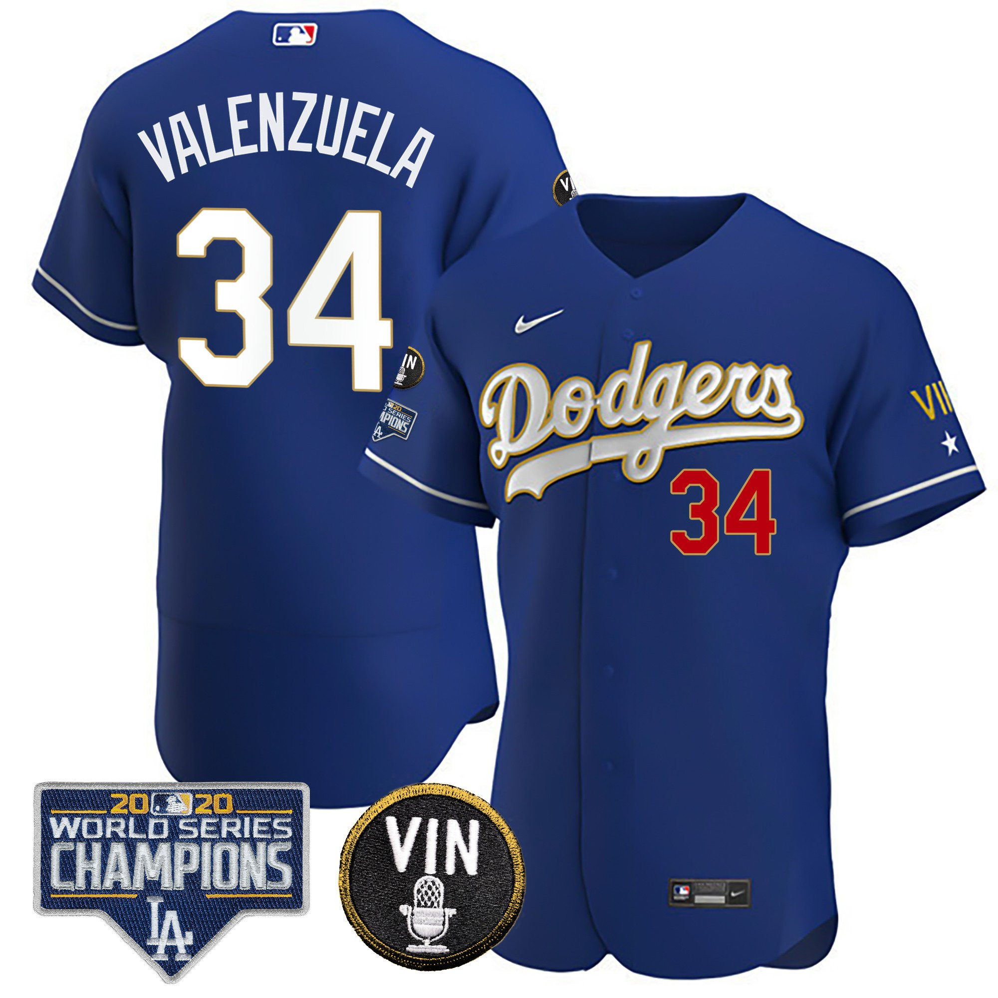 Fernando Valenzuela Men's Los Angeles Dodgers World Series & Vin Sculy Patch Gold Flex Royal Jersey