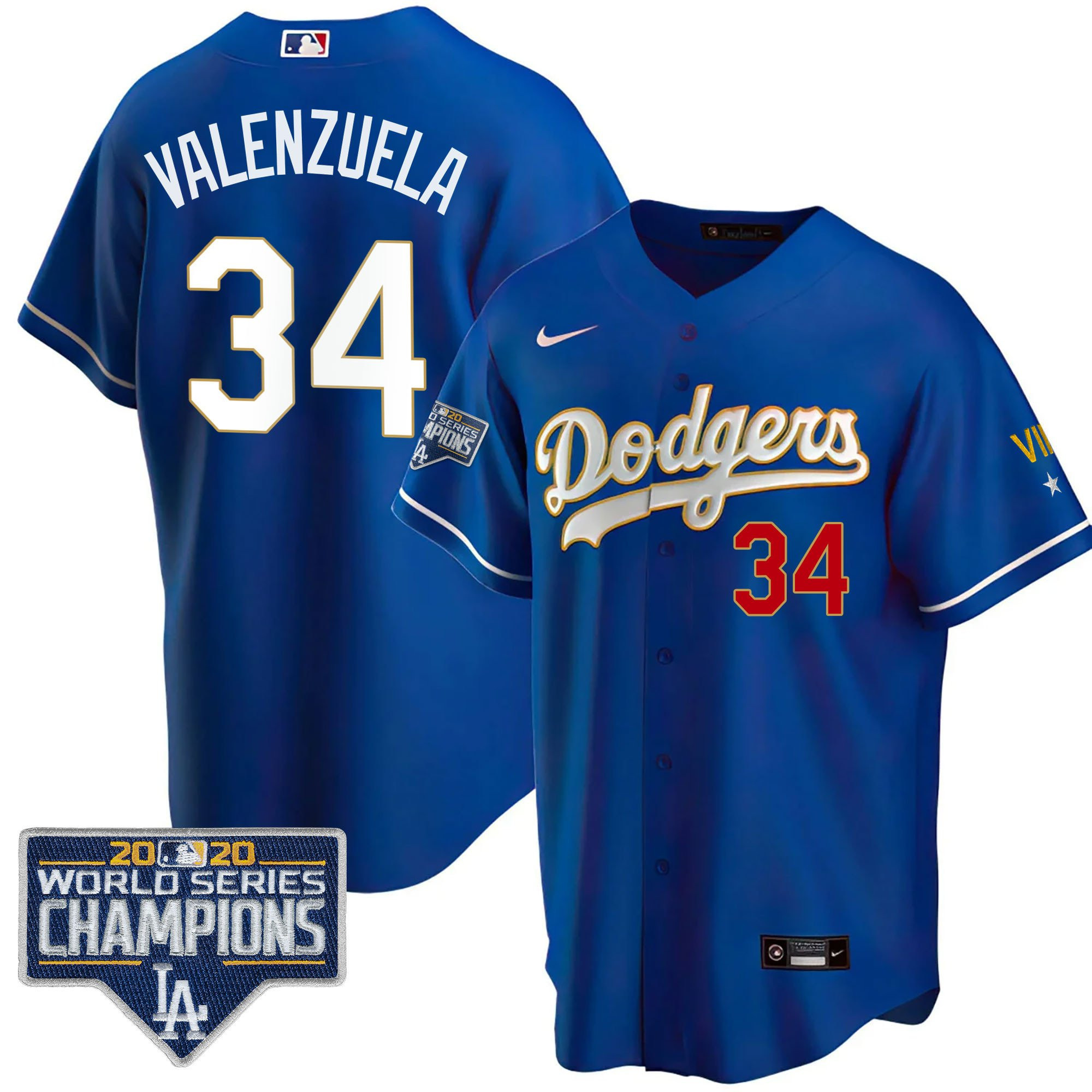 Fernando Valenzuela Men's Los Angeles Dodgers World Series Patch Gold Limited Cool Royal Jersey