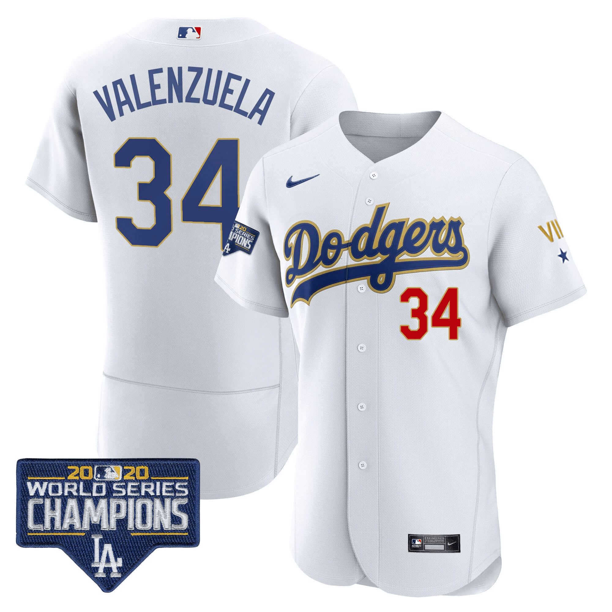 Fernando Valenzuela Men's Los Angeles Dodgers World Series Patch Gold Limited Flex White Jersey