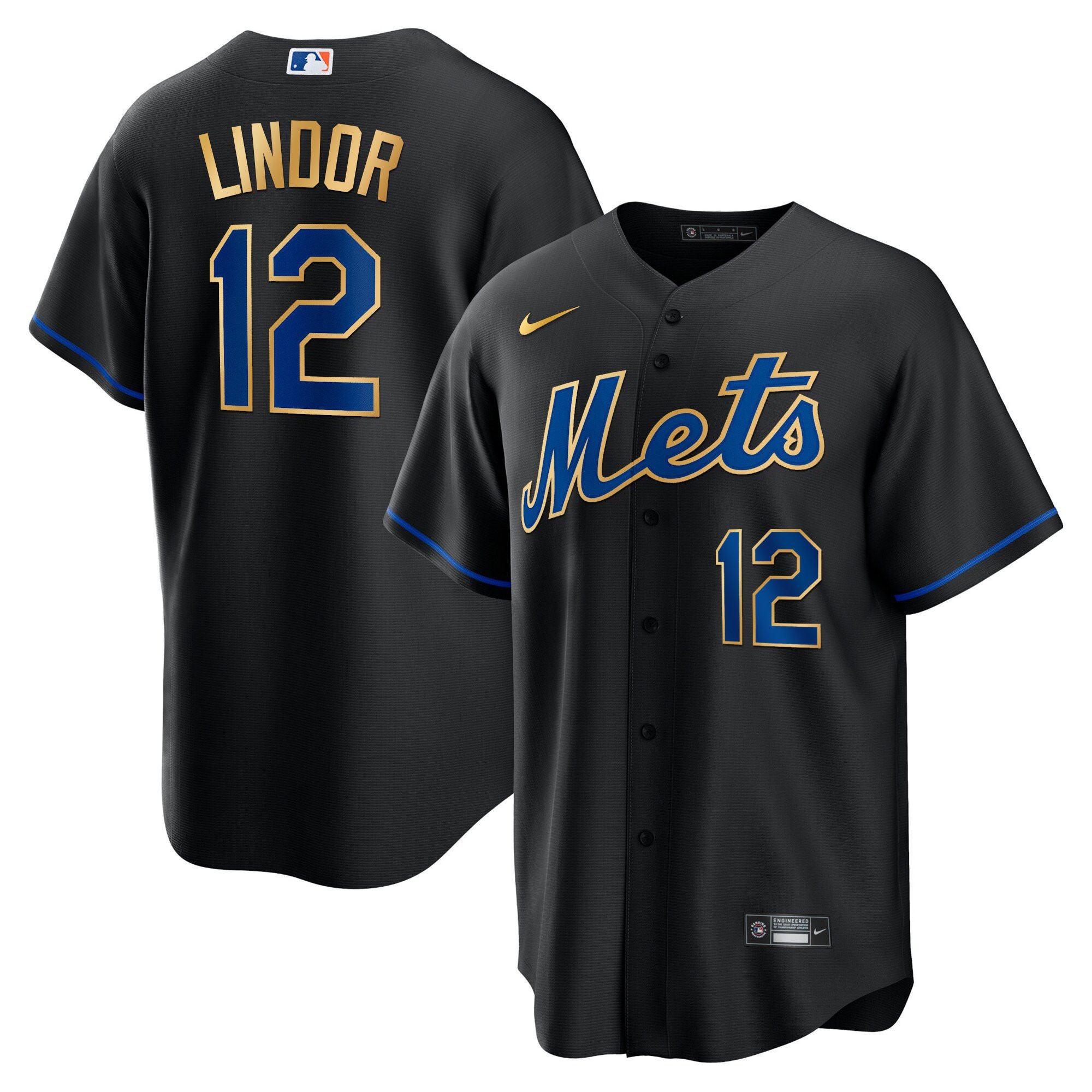 Francisco Lindor Men's New York Mets Gold Trim Cool Black Jersey