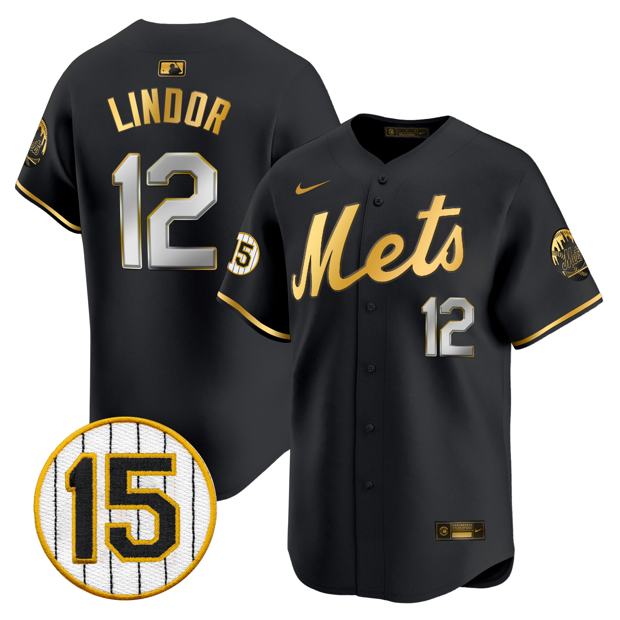 Francisco Lindor Men's New York Mets Jerry Grote Patch Vapor Premier Limited Black Gold Jersey