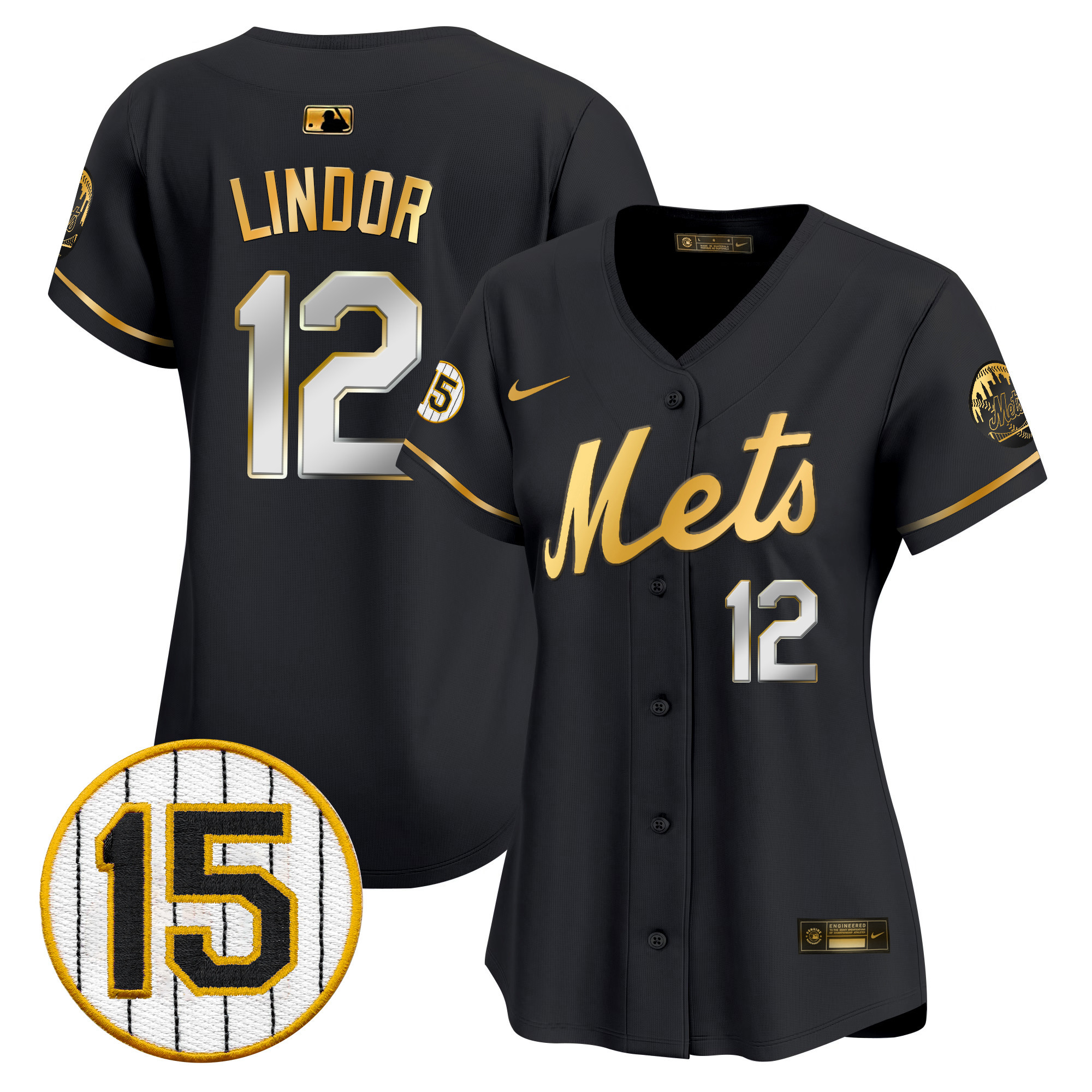 Francisco Lindor Women's New York Mets Jerry Grote Patch Vapor Premier Limited Black Gold Jersey