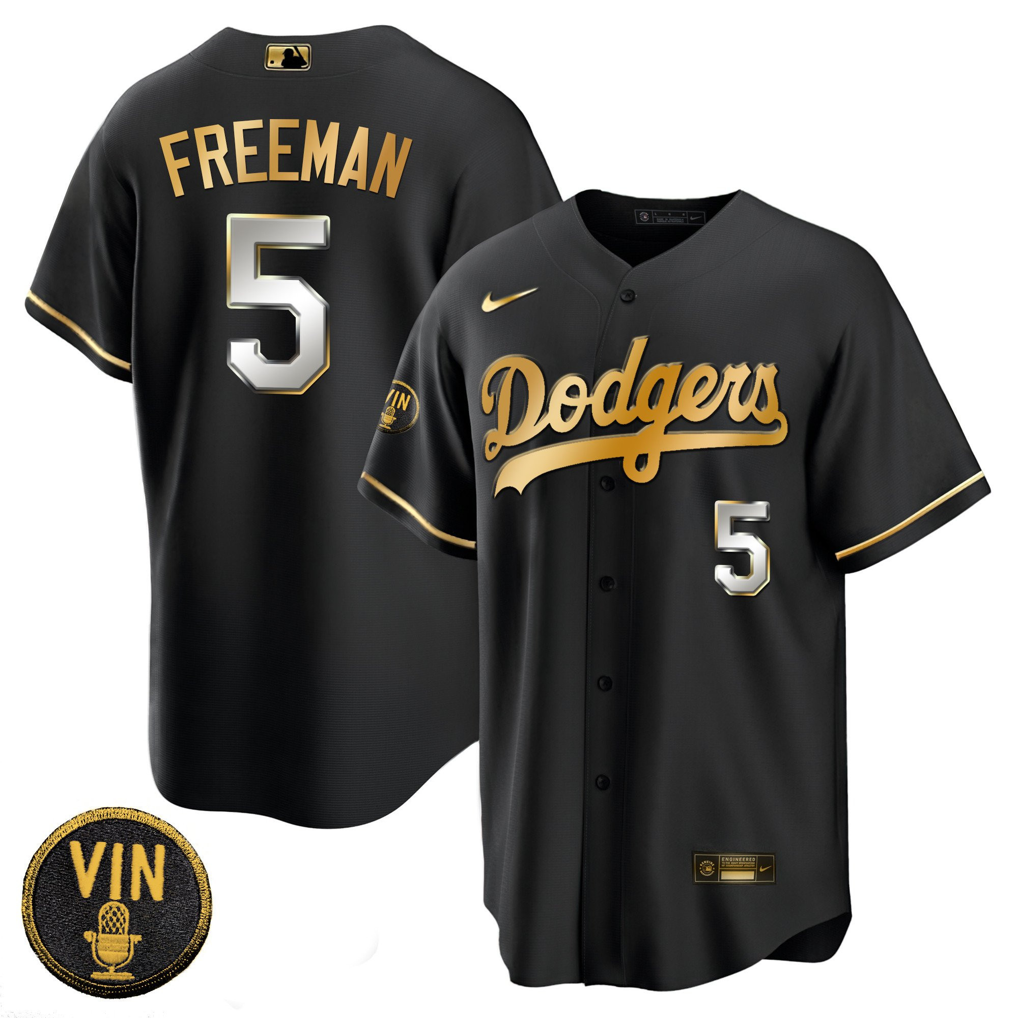 Freddie Freeman Men's Los Angeles Dodgers Black Limited Vin Scully Patch Gold Cool Black Limited Jersey
