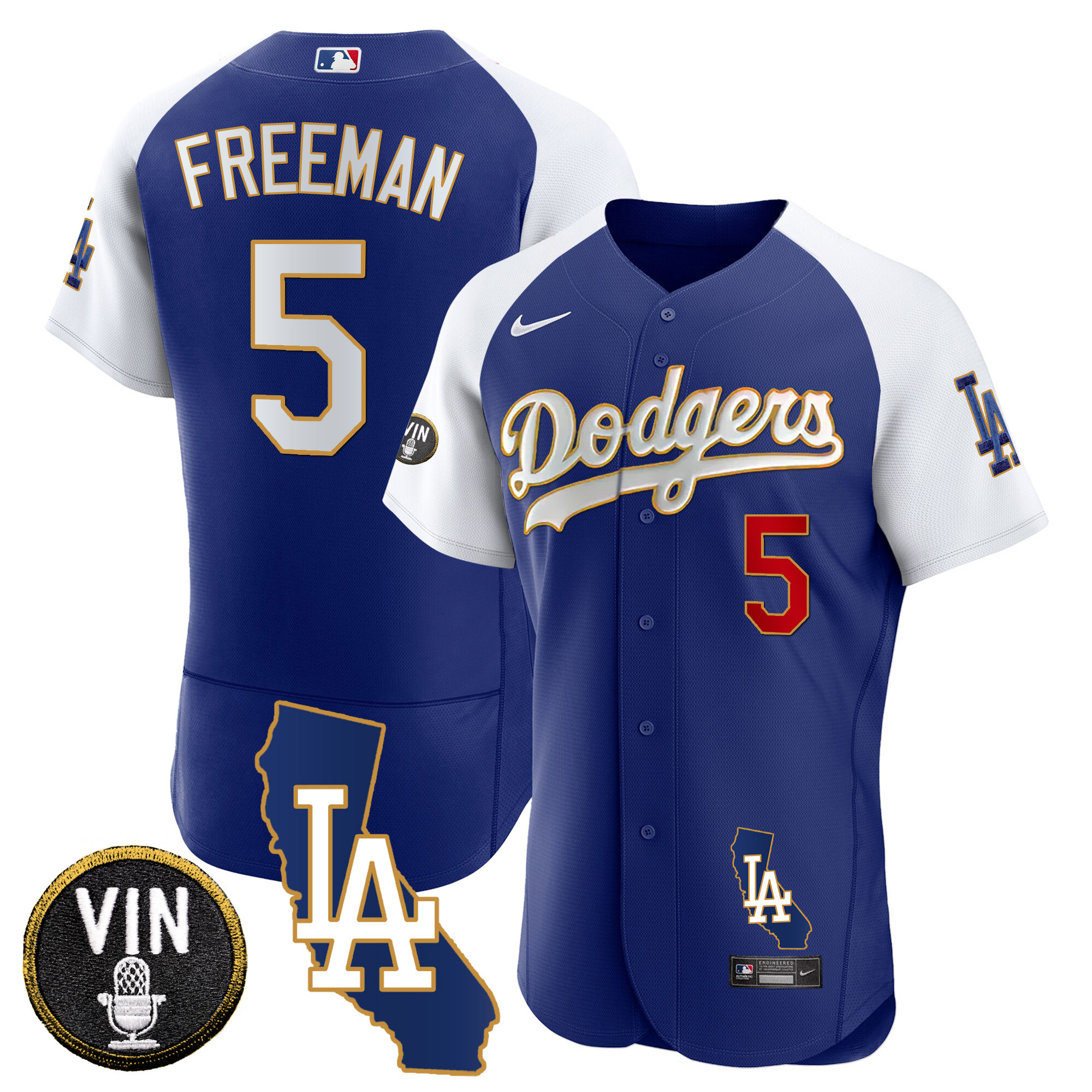 Freddie Freeman Men's Los Angeles Dodgers California Patch Gold Trim Flex Base Alternate Royal Jersey