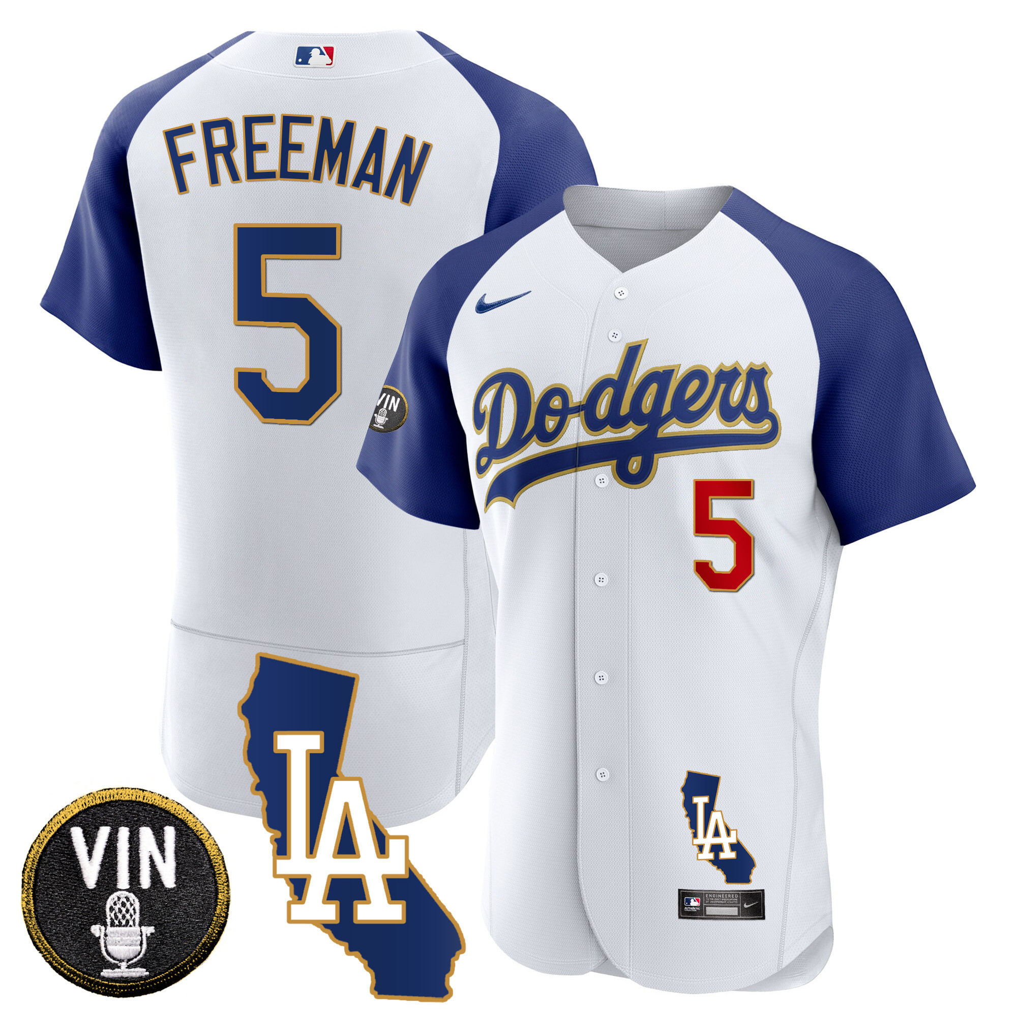 Freddie Freeman Men's Los Angeles Dodgers California Patch Gold Trim Flex Base Alternate White Jersey