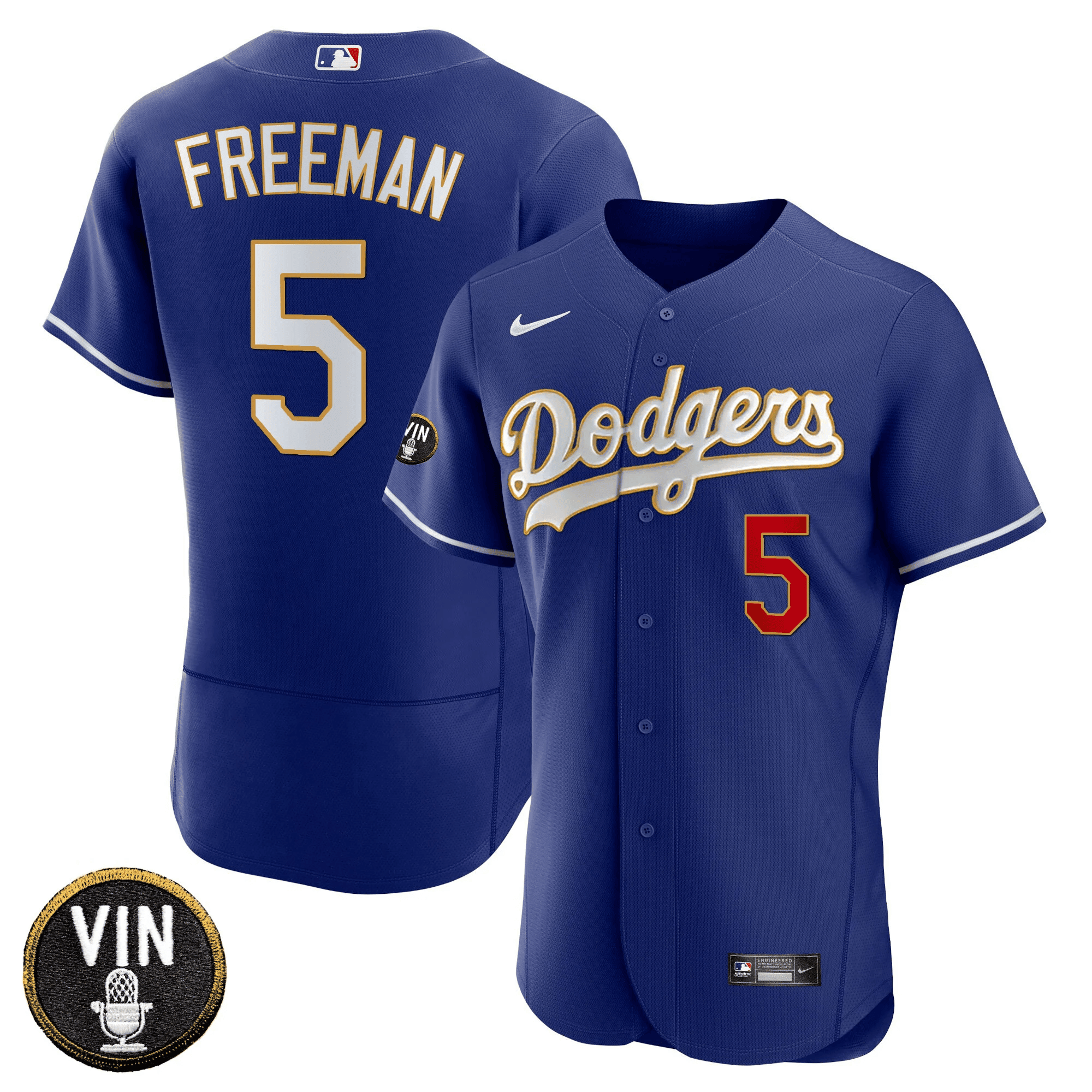 Freddie Freeman Men's Los Angeles Dodgers Vin Scully Patch Flex Base Gold Trim Royal Jersey