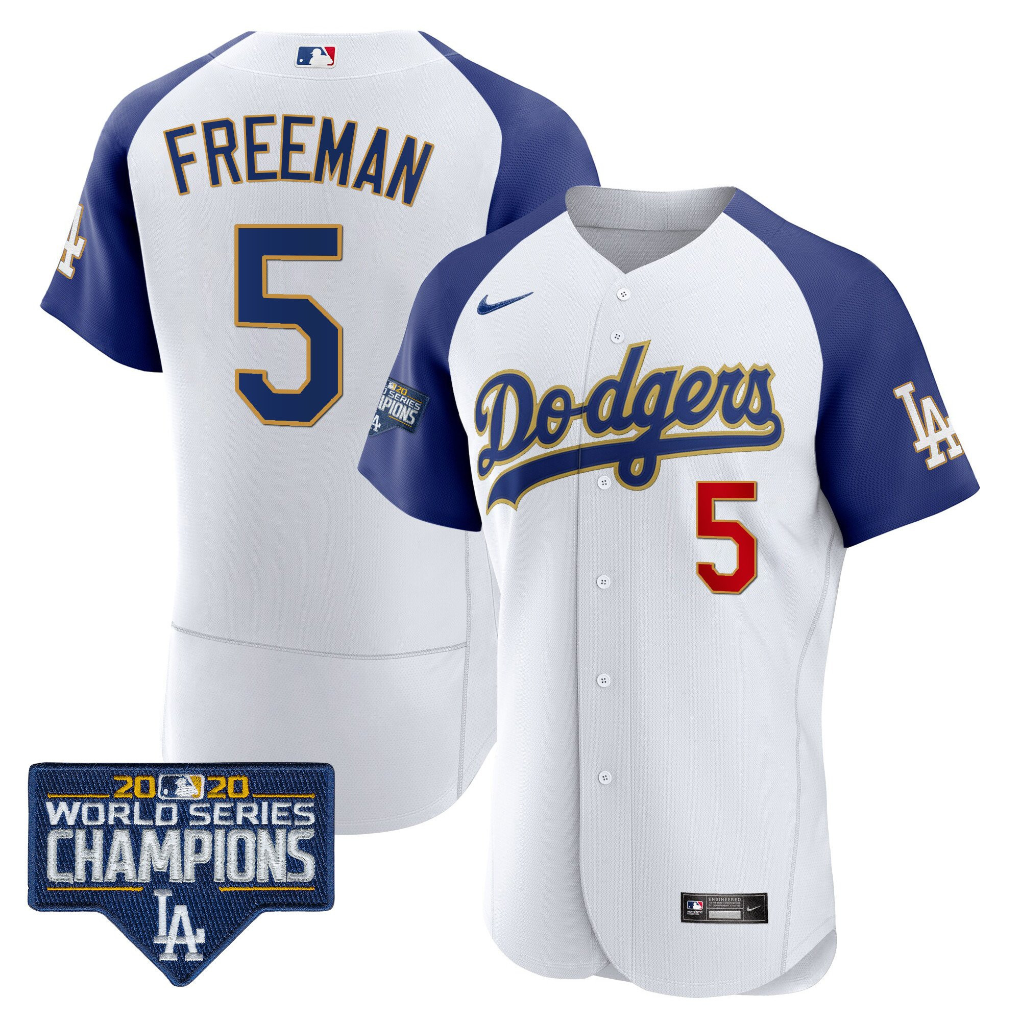 Freddie Freeman Men's Los Angeles Dodgers World Series Champions Patch Flex Base Gold Trim Alternate White Jersey