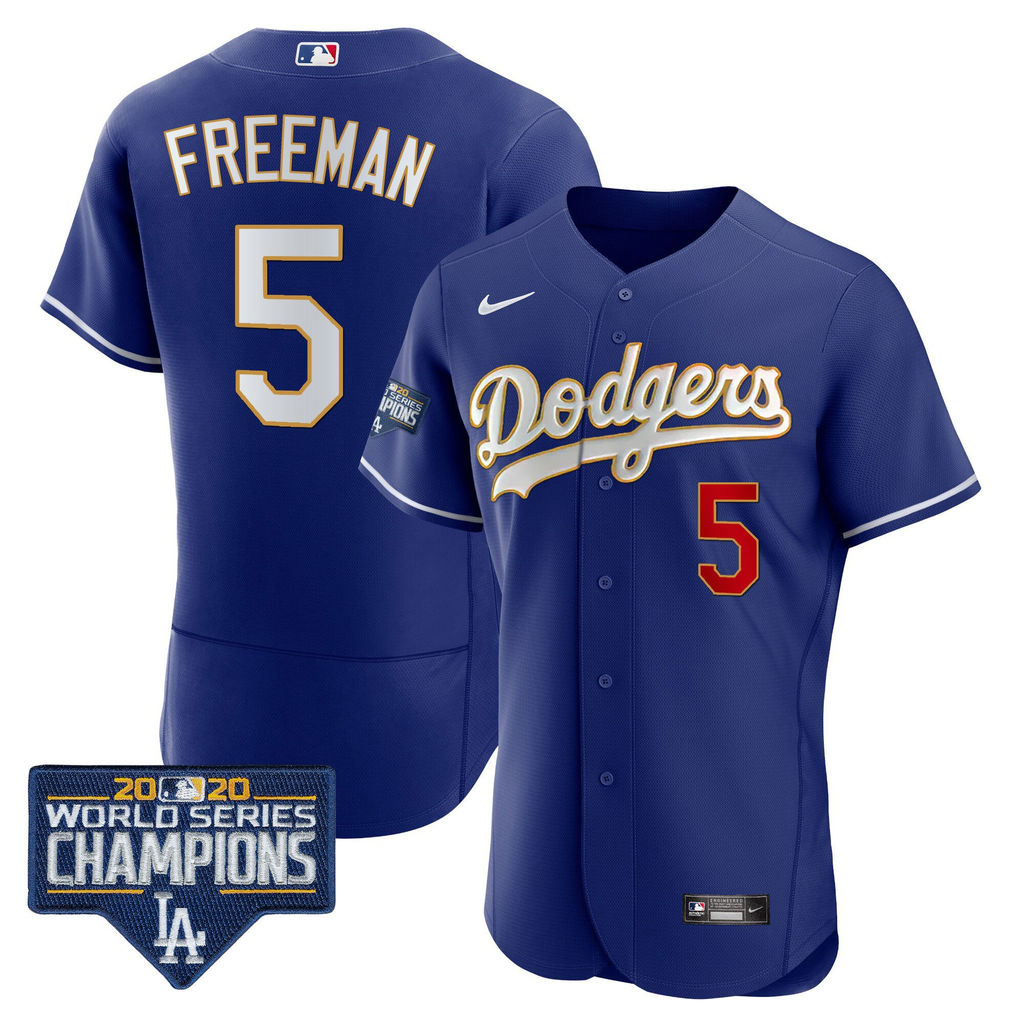Freddie Freeman Men's Los Angeles Dodgers World Series Champions Patch Flex Base Gold Trim Royal Jersey