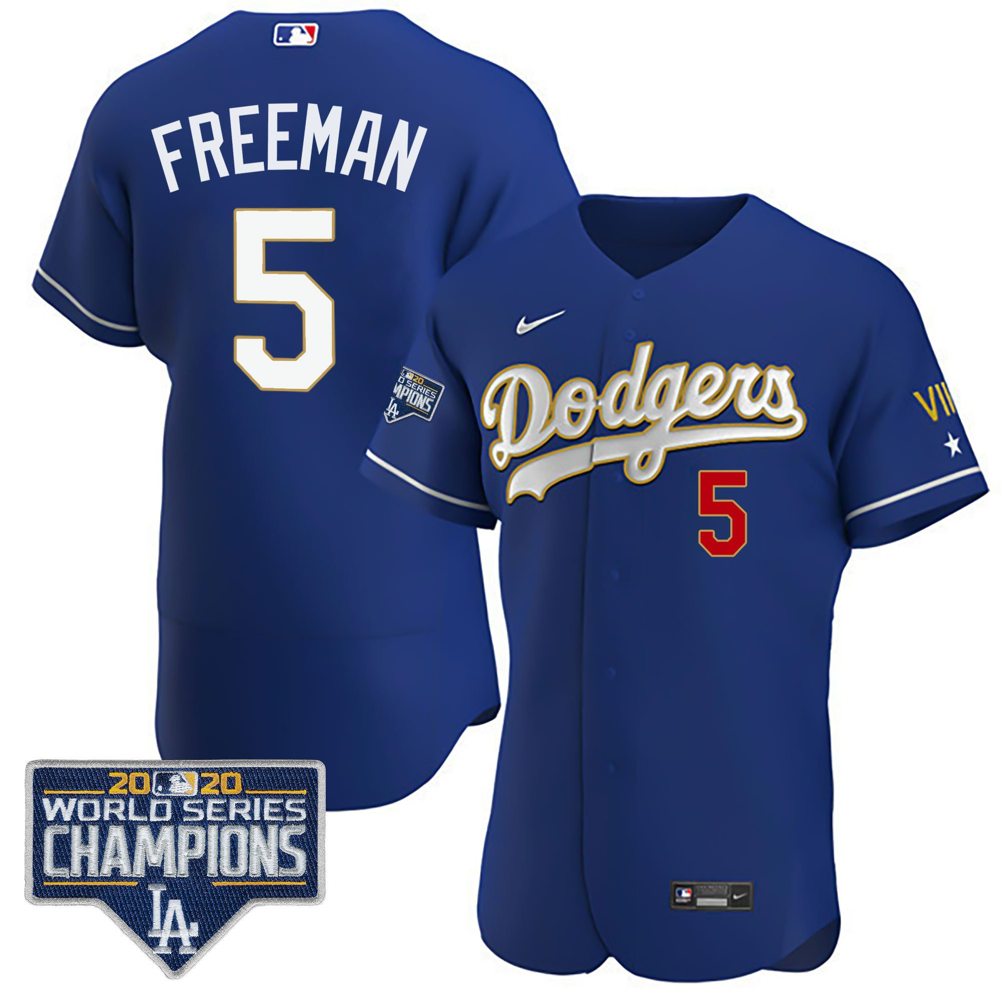 Freddie Freeman Men's Los Angeles Dodgers World Series Patch Gold Limited Flex Royal Jersey