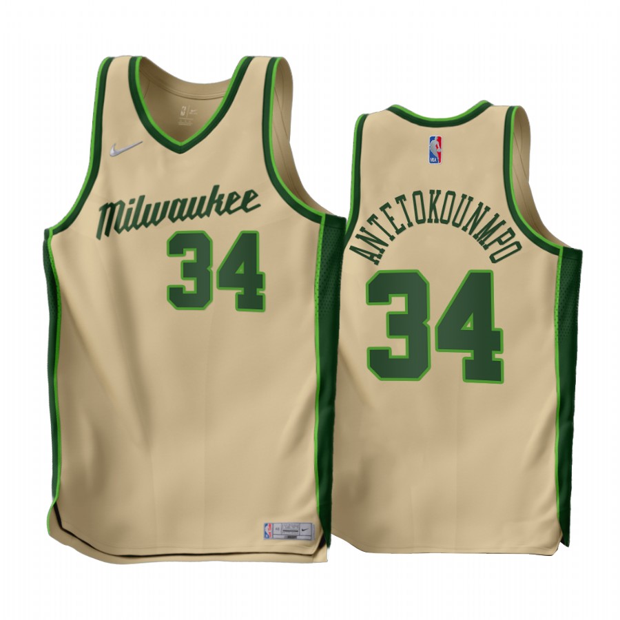 Giannis Antetokounmpo Milwaukee Bucks Cream #34 Earned Edition Jersey