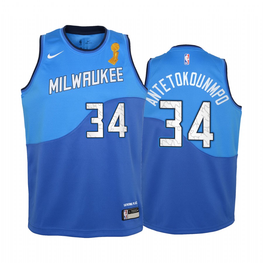 Giannis Antetokounmpo Milwaukee Bucks Blue Finals Champions Youth Jersey City Edition