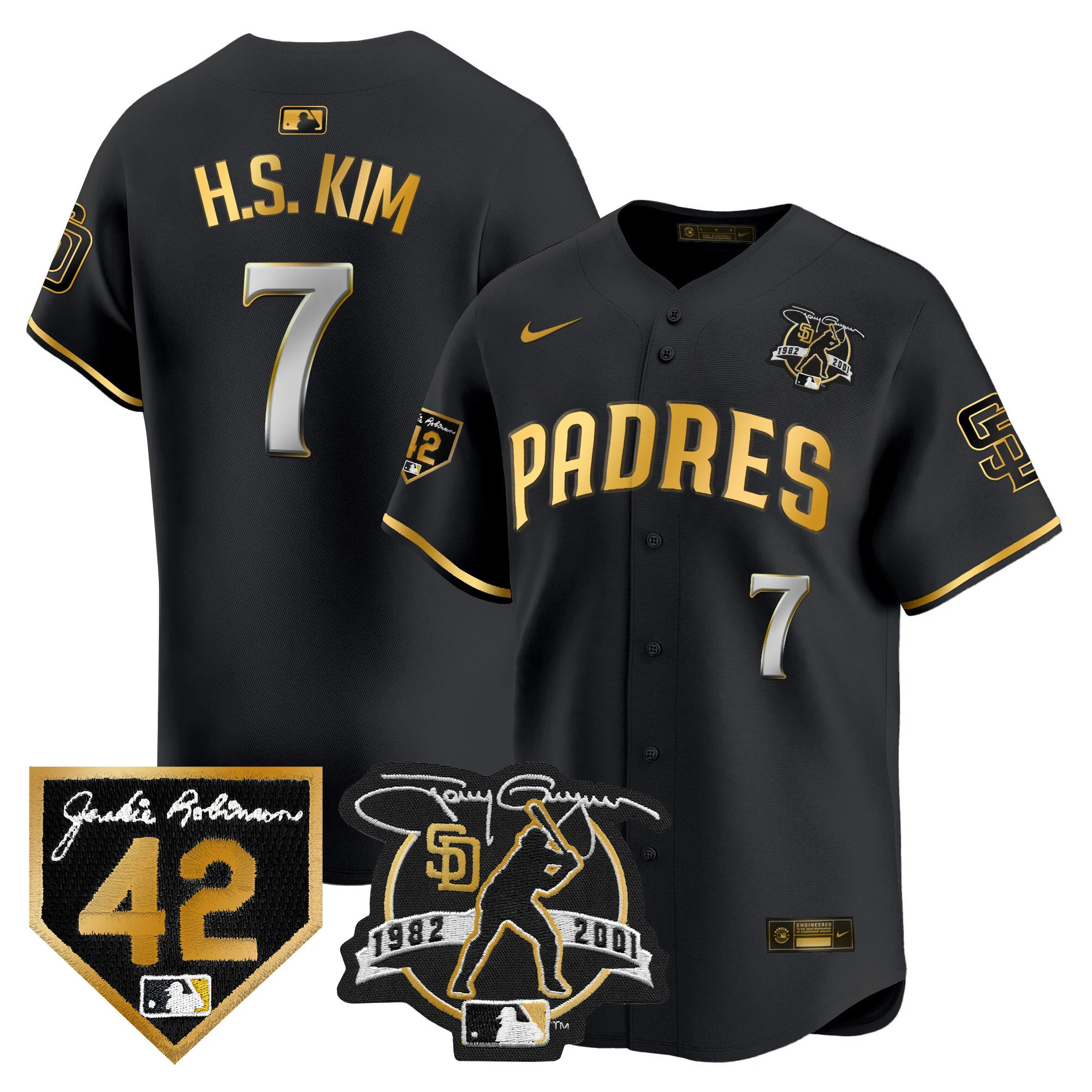 Ha-Seong Kim Men's San Diego Padres Tony Gwynn & Robinson Patch Vapor Premier Limited Black Gold Jersey