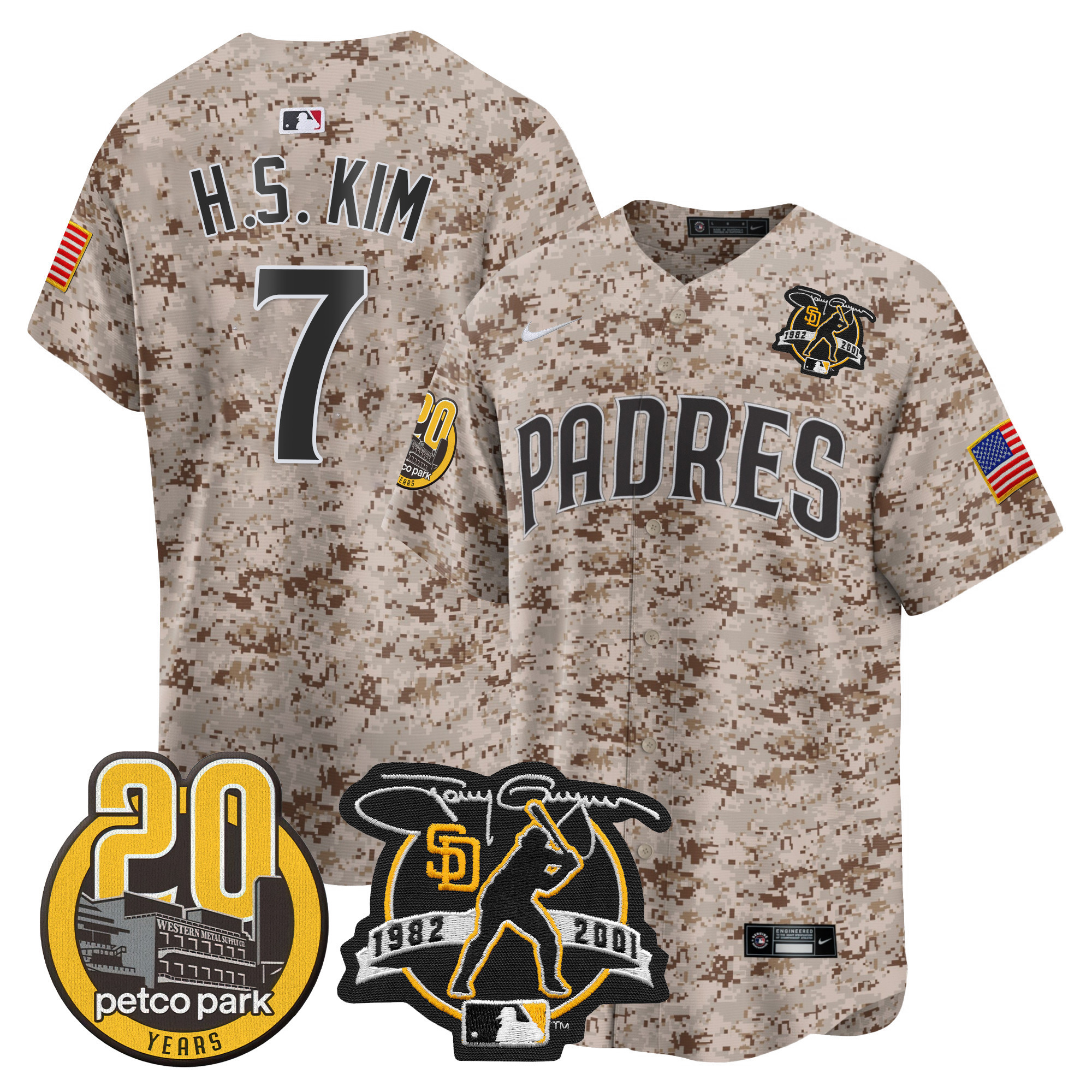 Ha-Seong Kim Men's San Diego Padres Tony Gwynn & Petco Park 20th Patch USMC Vapor Premier Limited Desert Jersey
