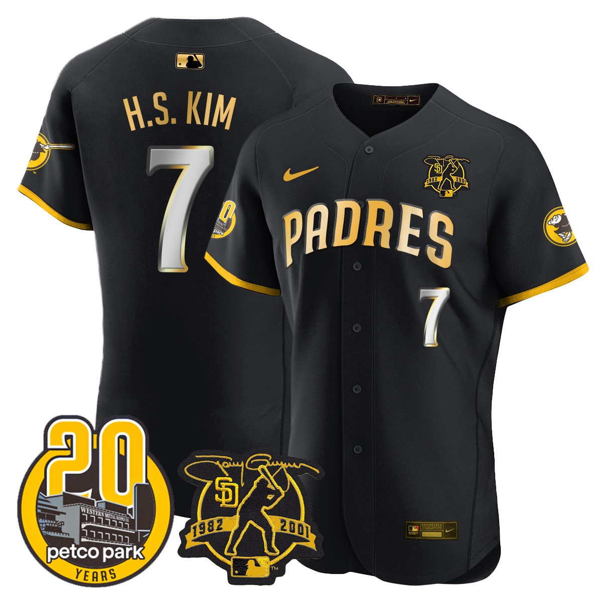 Ha-Seong Kim Men's San Diego Padres Tony Gwynn & Petco Park 20th Patch Vapor Premier Elite Black Gold Jersey