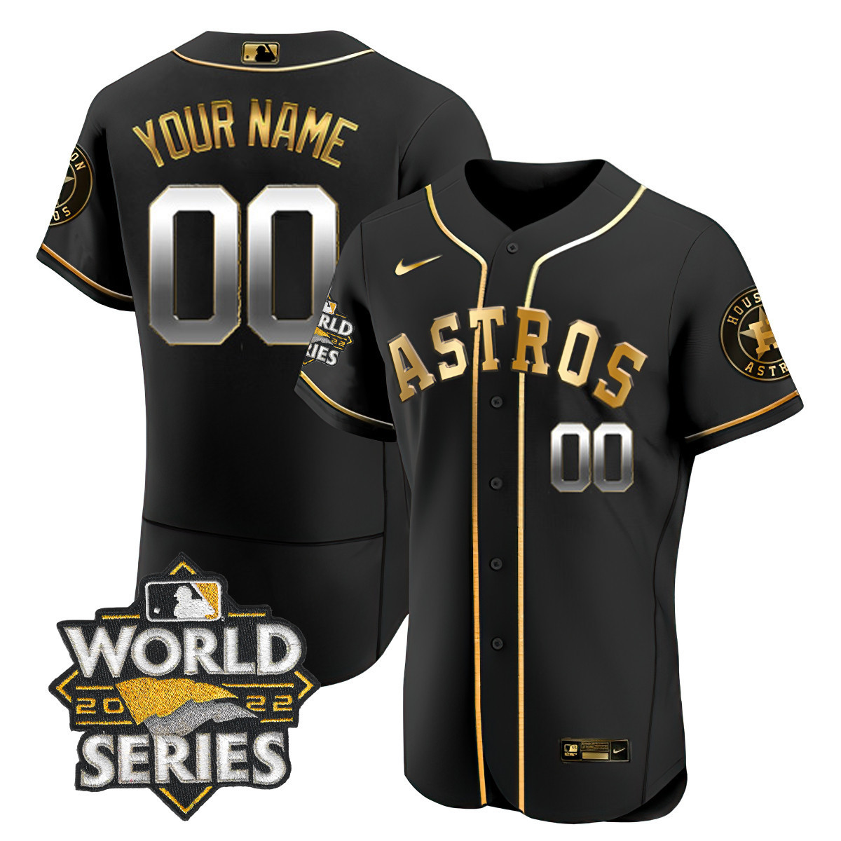 Houston Astros World Series Black Gold Custom Name And Number Flex Base Jersey