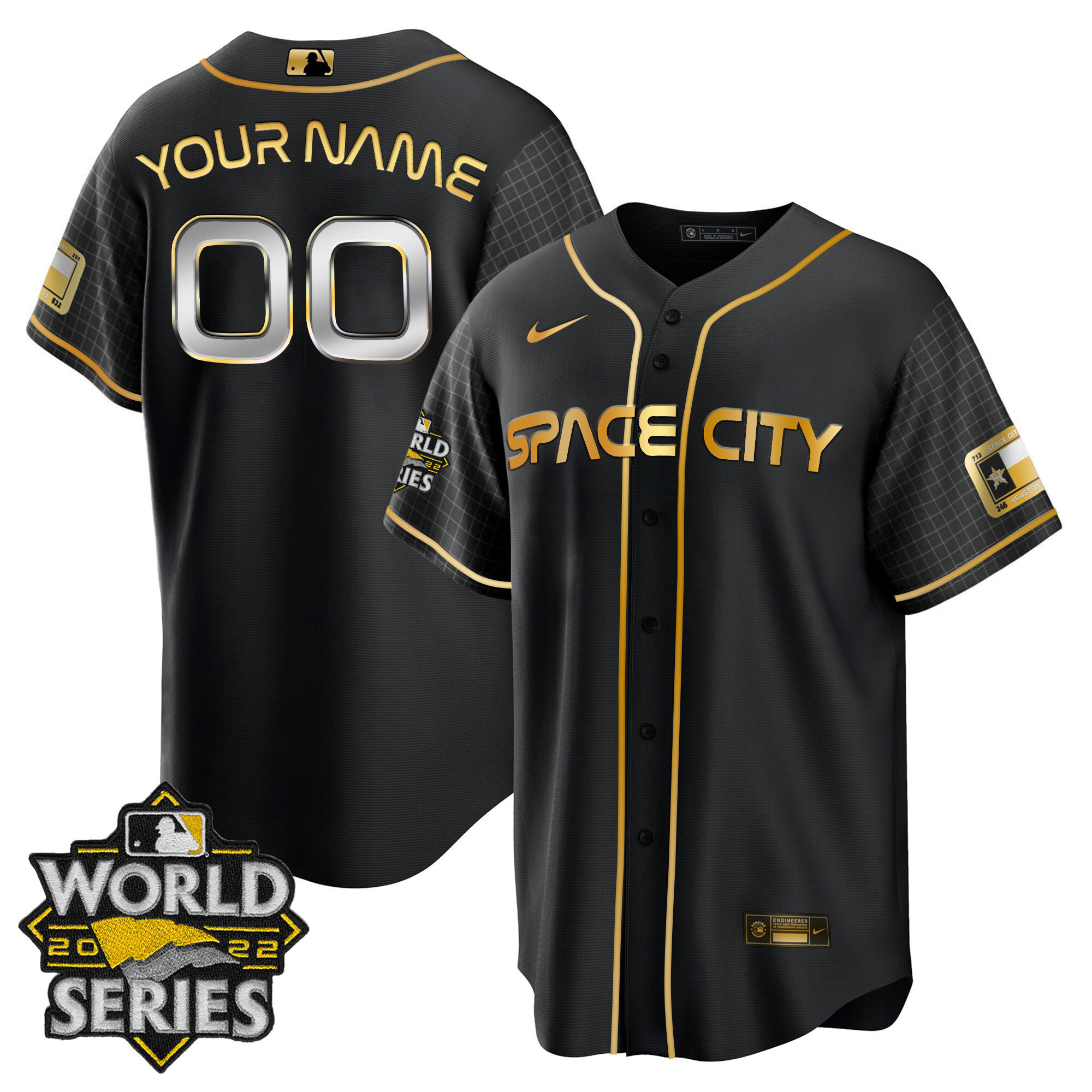 Houston Astros World Series Custom Name And Number Cool Space City Black Gold Jersey
