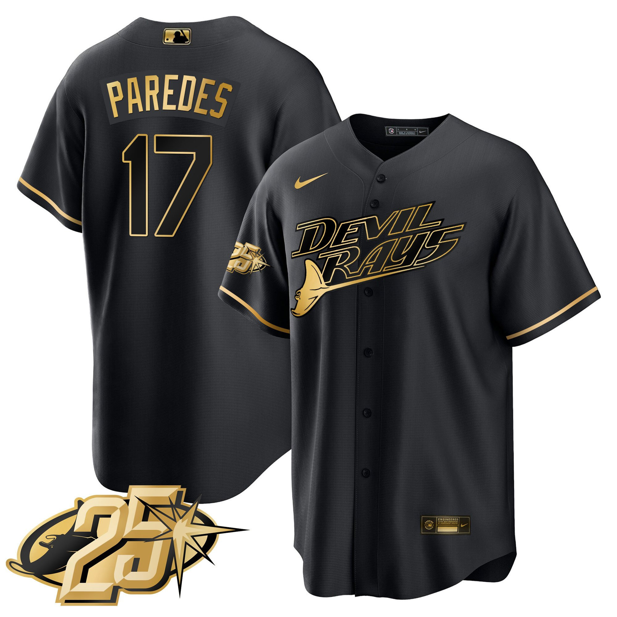 Isaac Paredes Men's Tampa Bay Rays 25th Anniversary Patch Cool Base Black Gold Jersey