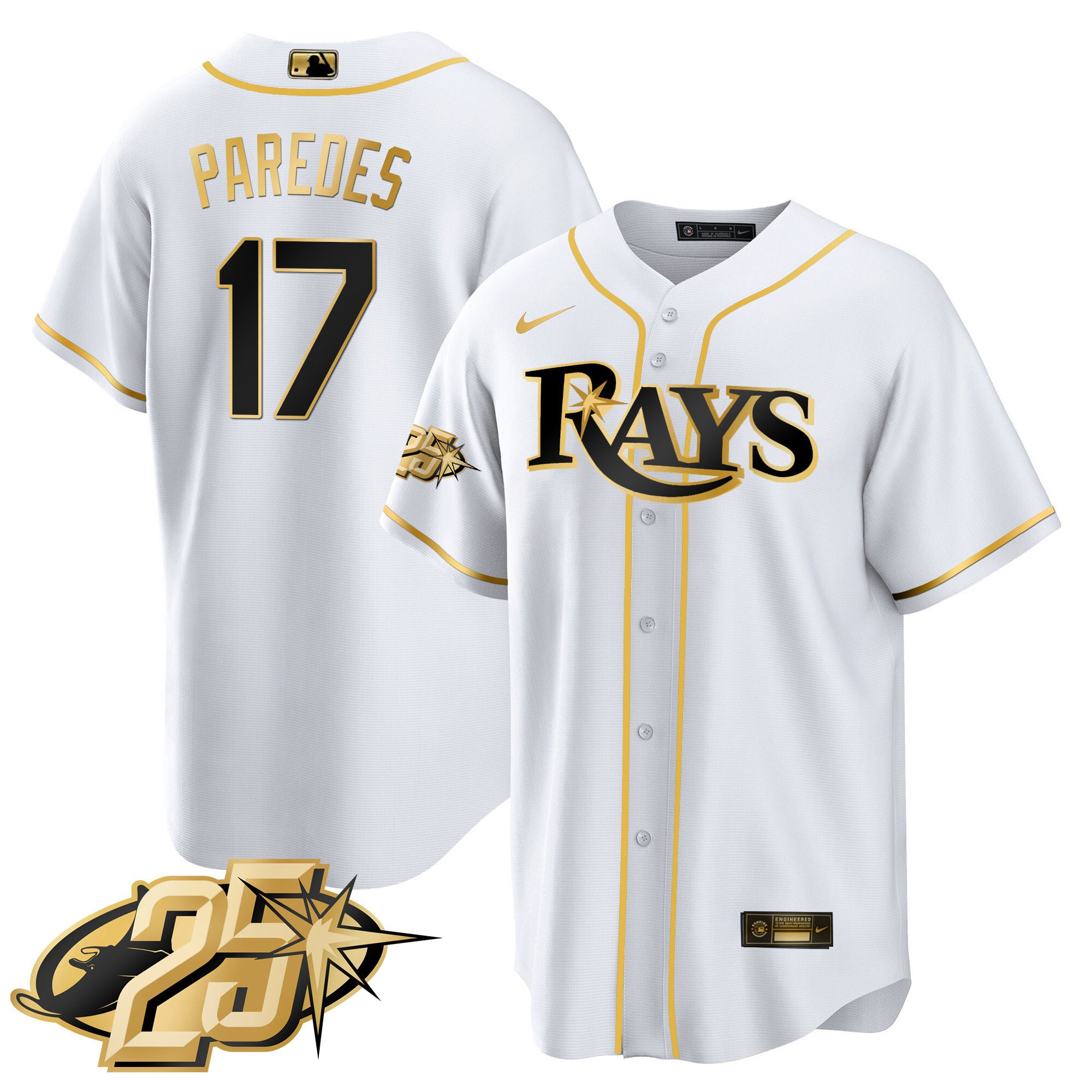 Isaac Paredes Men's Tampa Bay Rays 25th Anniversary Patch Cool Base V2 White Gold Jersey
