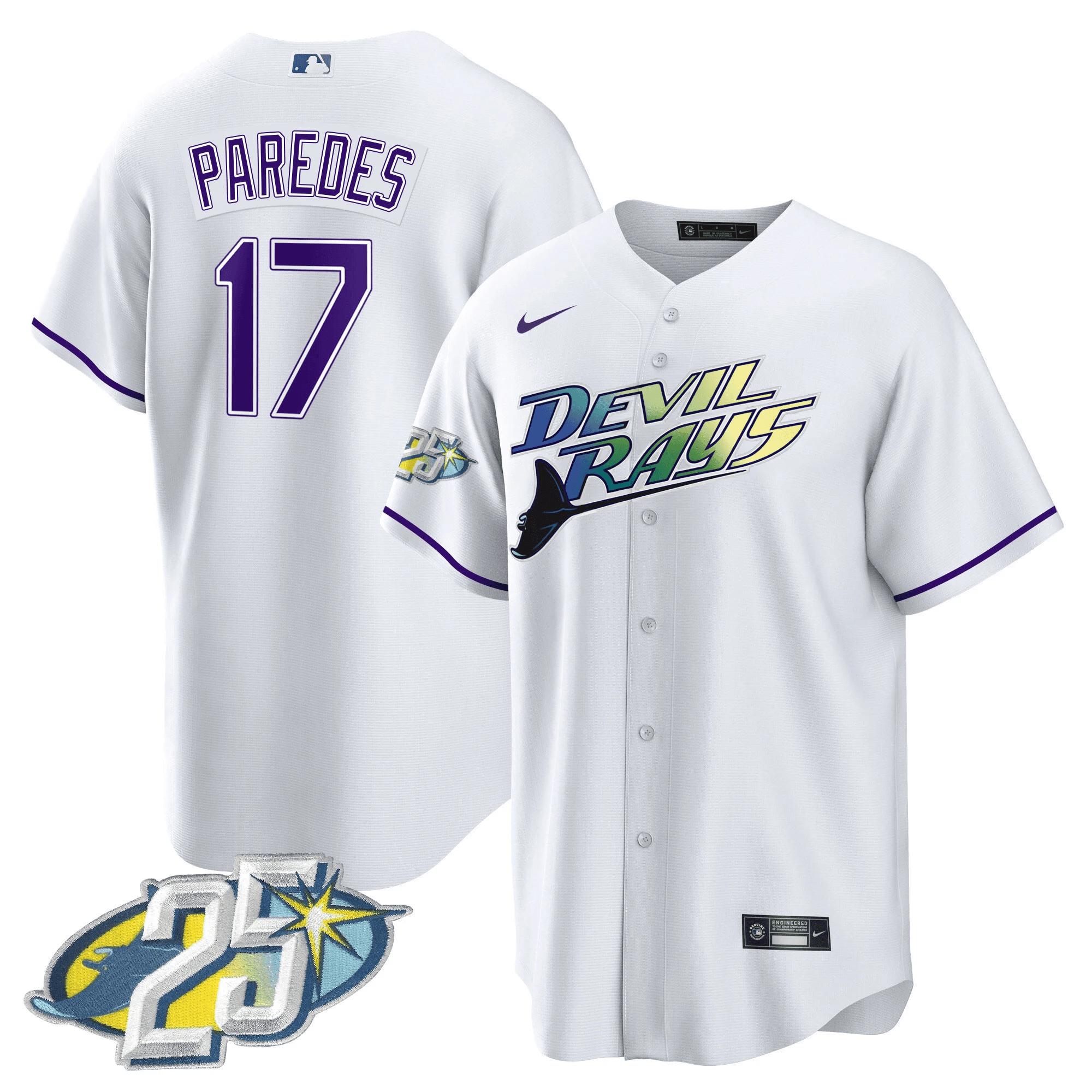 Isaac Paredes Men's Tampa Bay Rays 25th Anniversary Patch Cool Base White Jersey