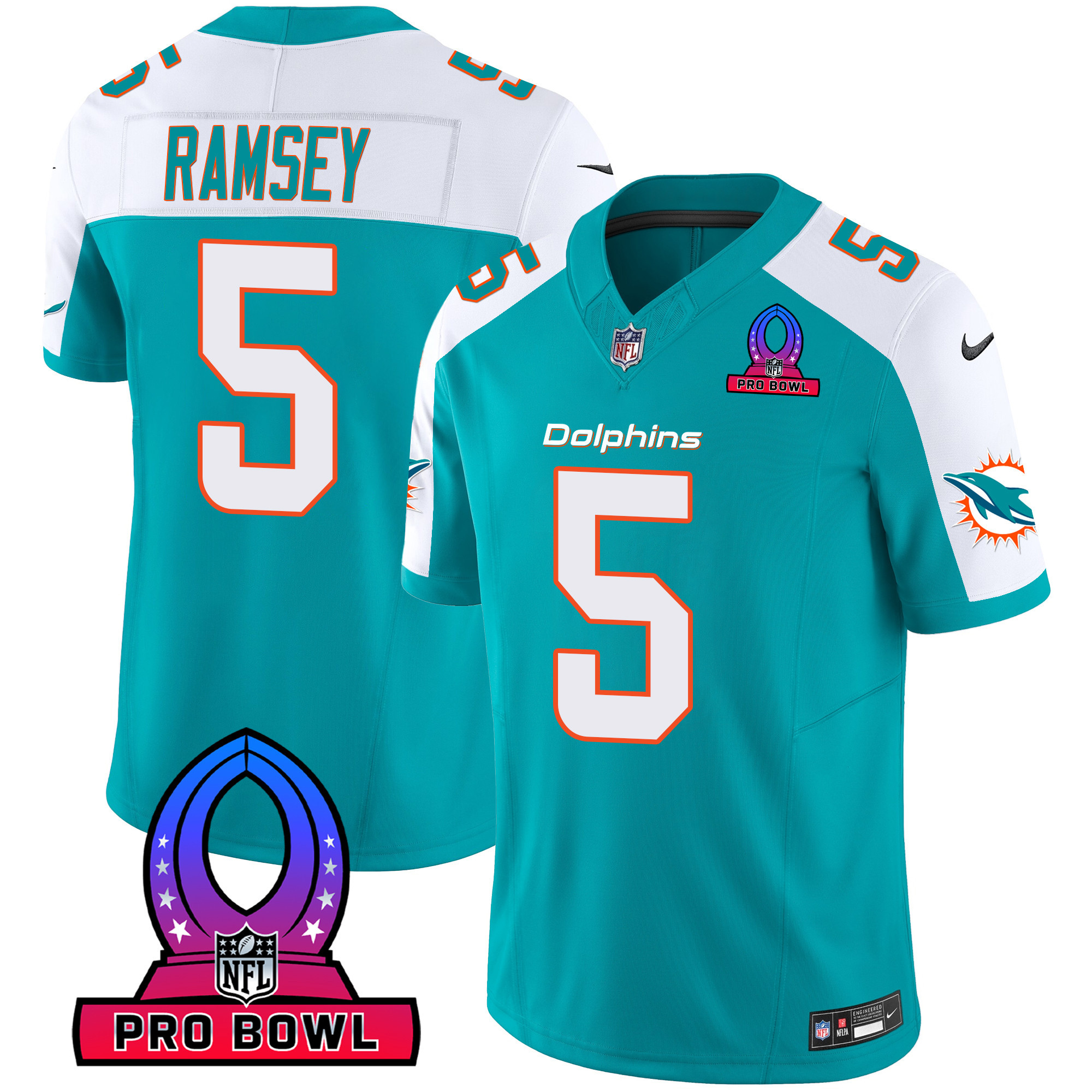 Jalen Ramsey Men's Miami Dolphins Pro Bowl Patch Vapor Aqua Alternate Jersey