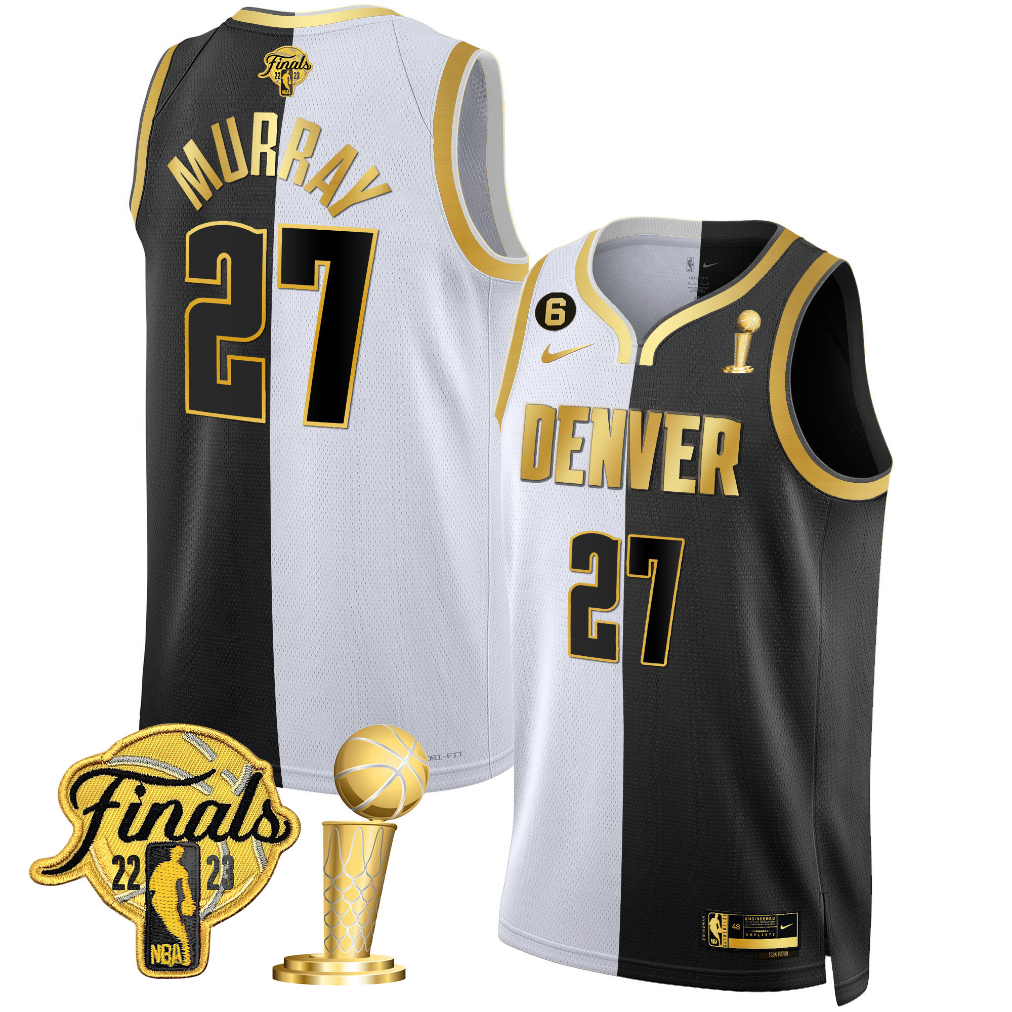Jamal Murray Men's Denver Nuggets Finals & Champions Black & White Gold Split Jersey - All Stitched
