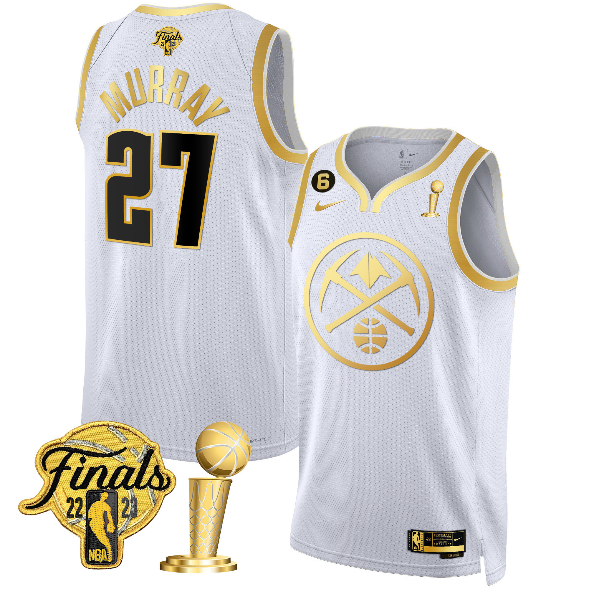 Jamal Murray Men's Denver Nuggets Finals & Champions Patch Gold Special White Gold Jersey - All Stitched