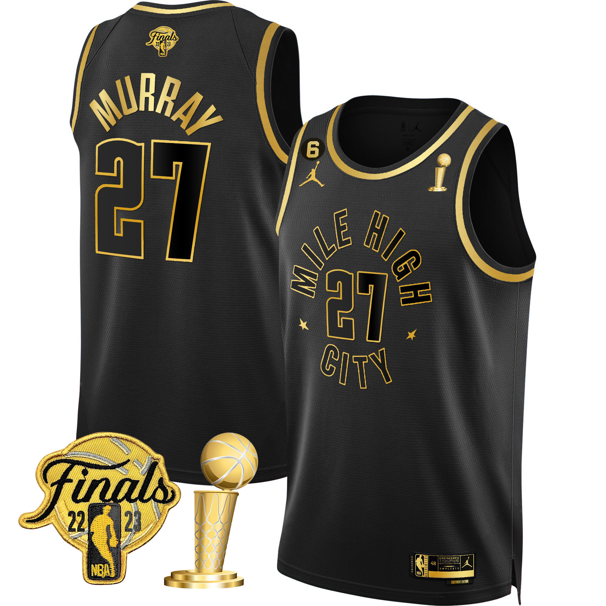 Jamal Murray Youth's Denver Nuggets Finals & Champions Patch Gold Statement Black Jersey - All Stitched