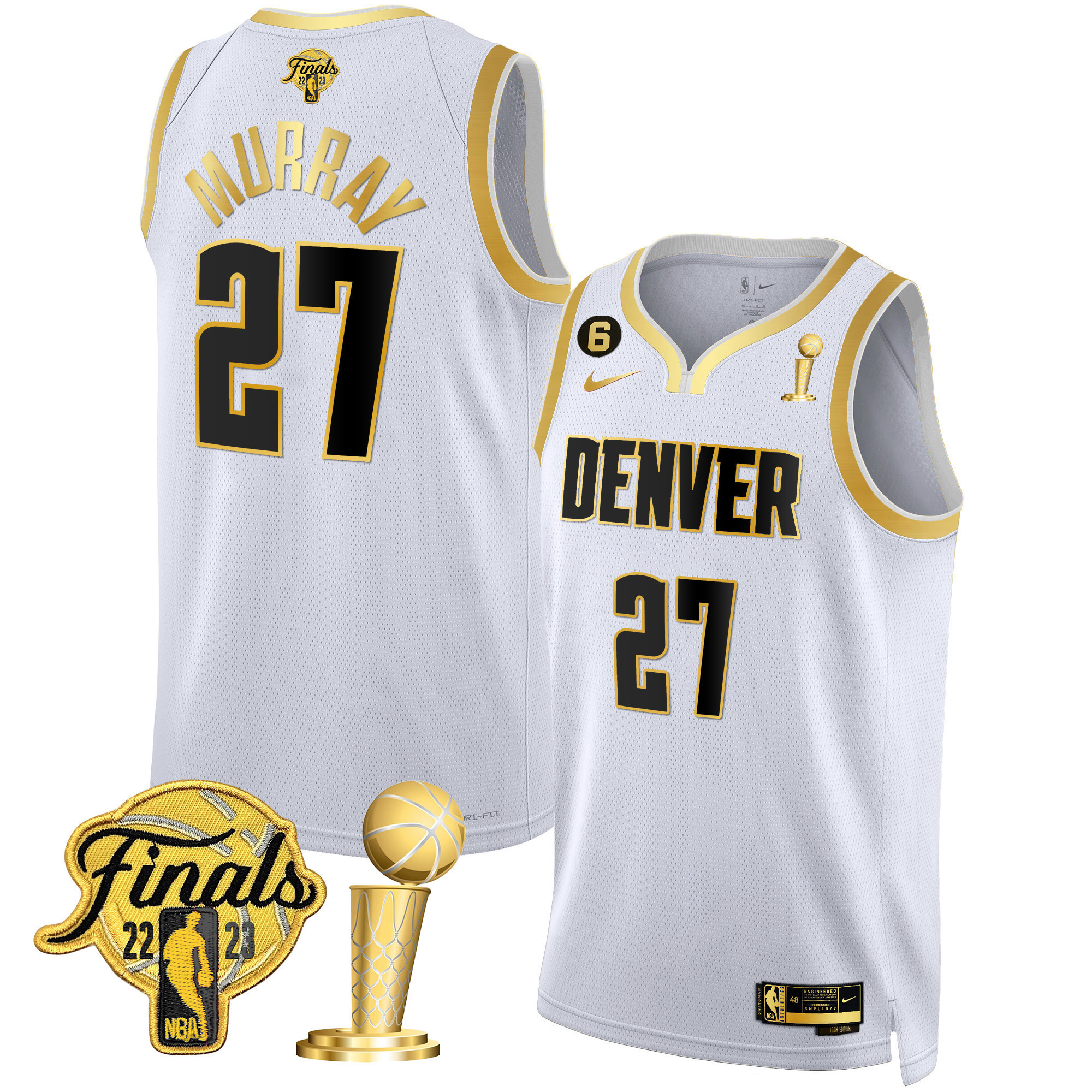 Jamal Murray Youth's Denver Nuggets Finals & Champions Patch White Gold Jersey - All Stitched