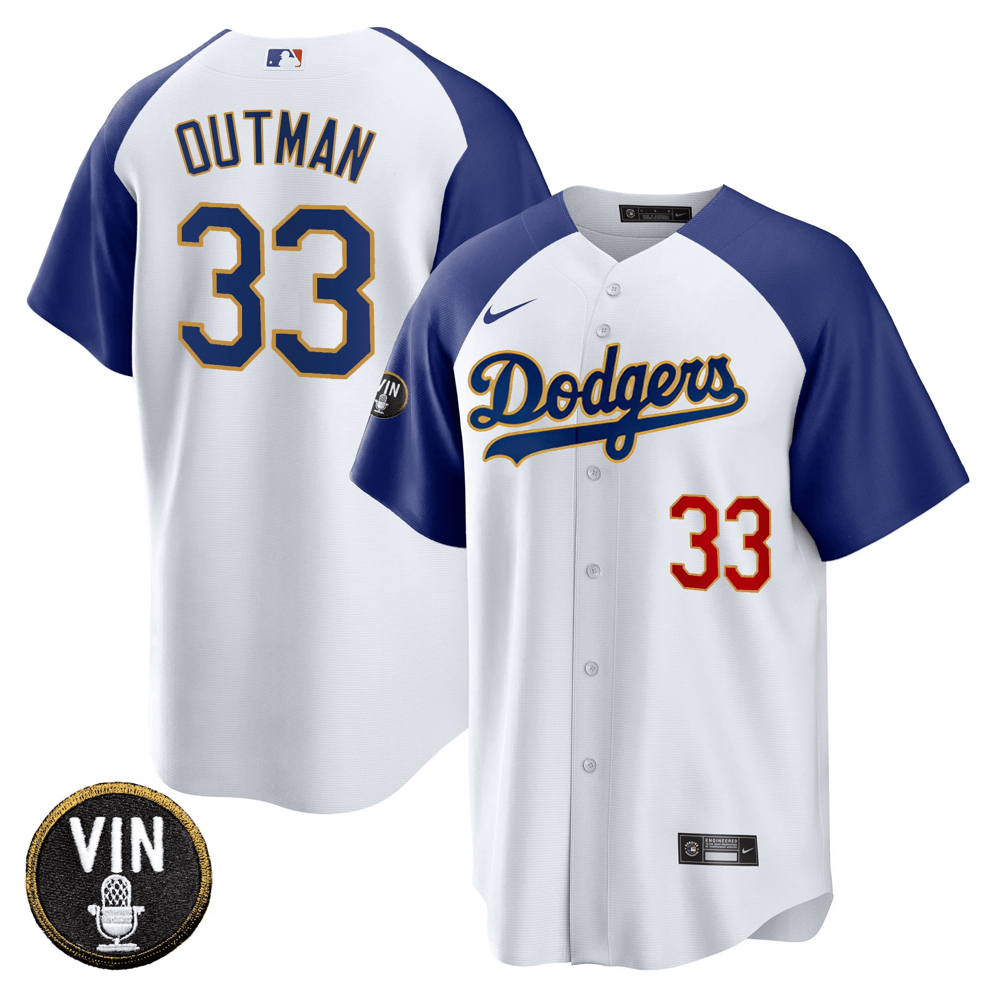 James Outman Men's Los Angeles Dodgers Vin Scully Patch Cool Base Gold Trim Alternate White Jersey