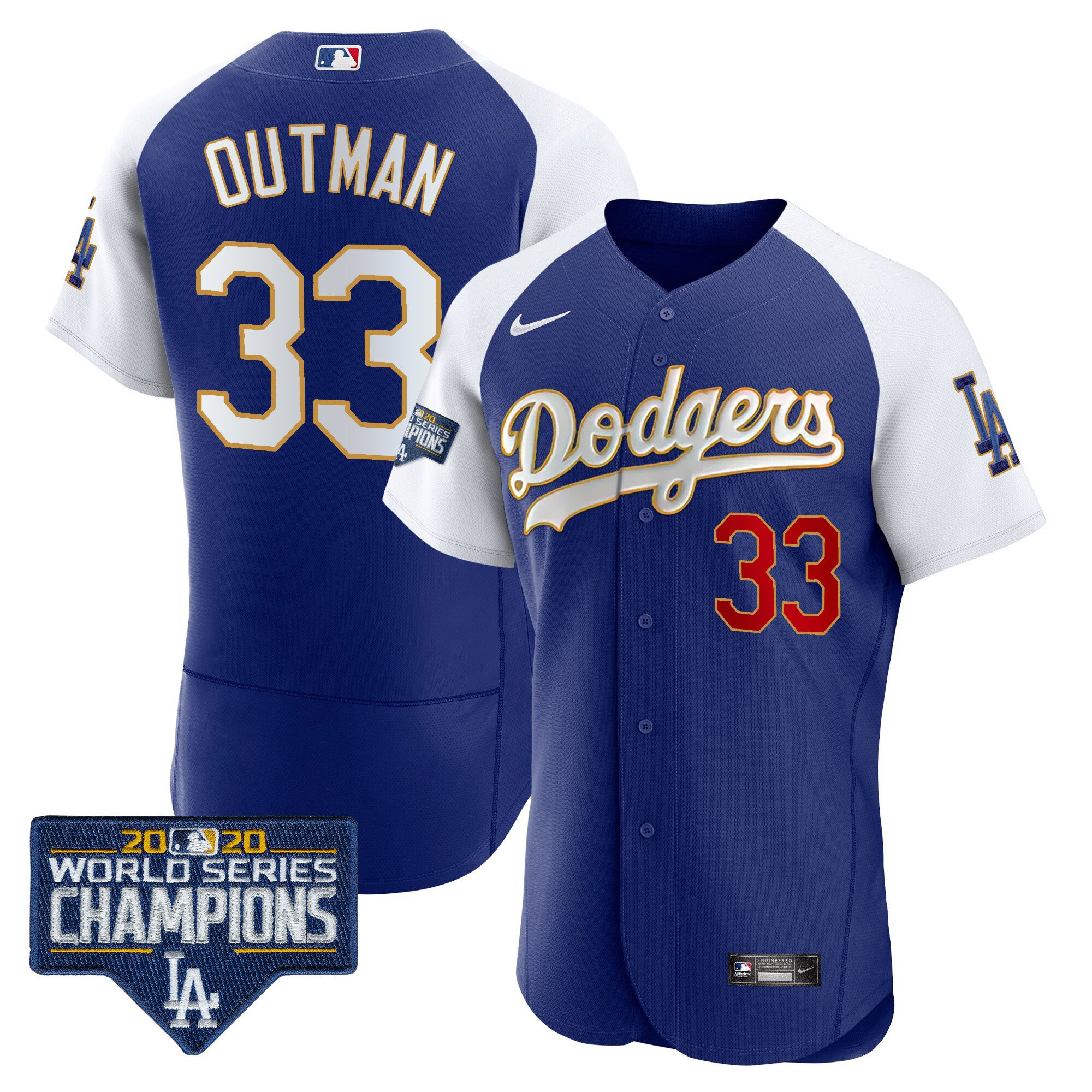 James Outman Men's Los Angeles Dodgers World Series Champions Patch Flex Base Gold Trim Alternate Royal Jersey