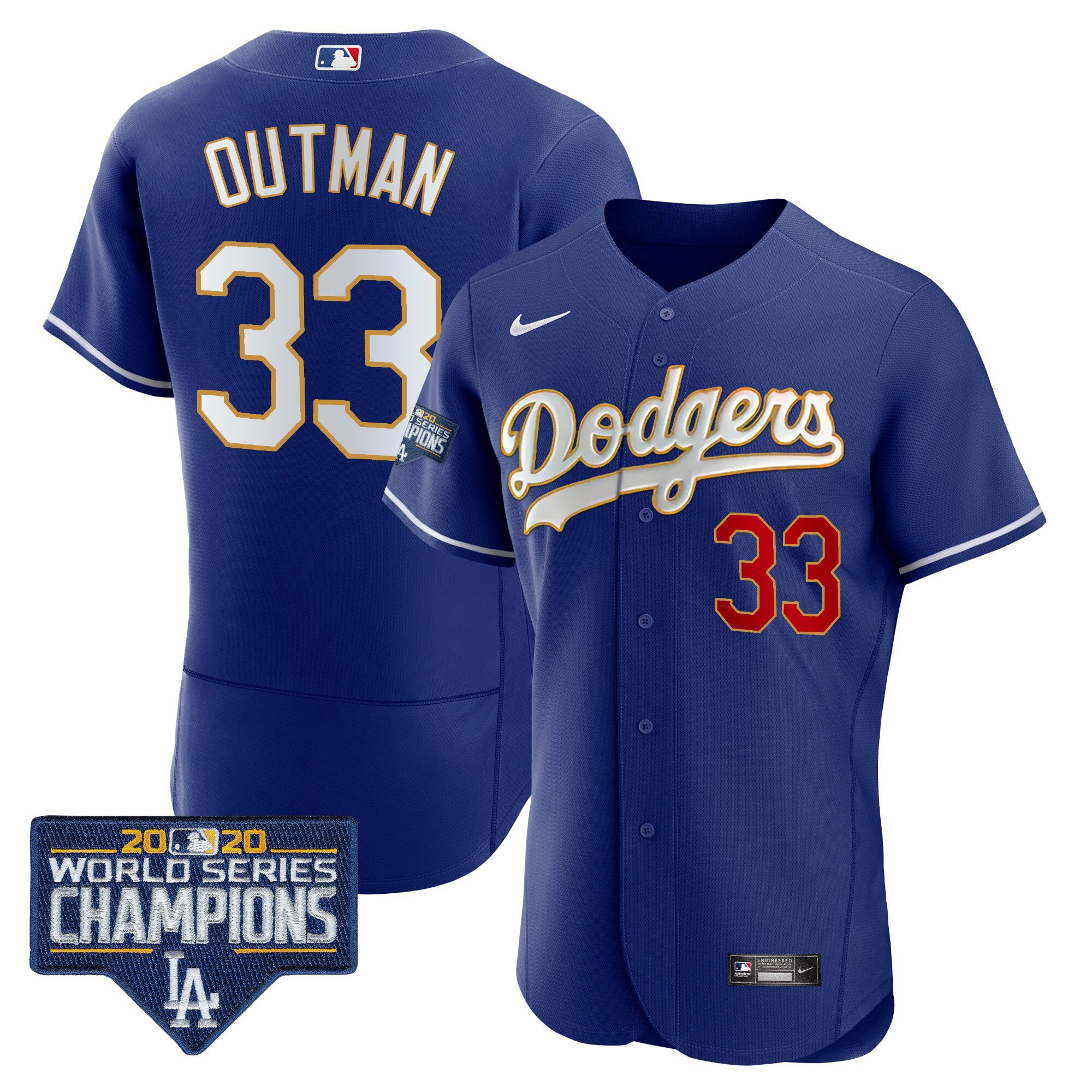 James Outman Men's Los Angeles Dodgers World Series Champions Patch Flex Base Gold Trim Royal Jersey
