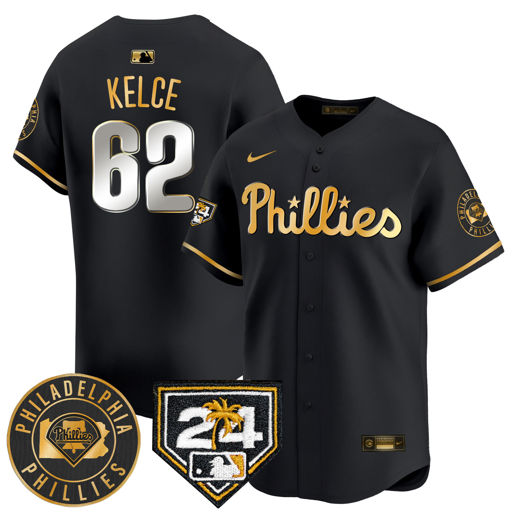 Jason Kelce Men's Philadelphia Phillies Spring Training Patch Vapor Premier Limited V2 Black Gold Jersey
